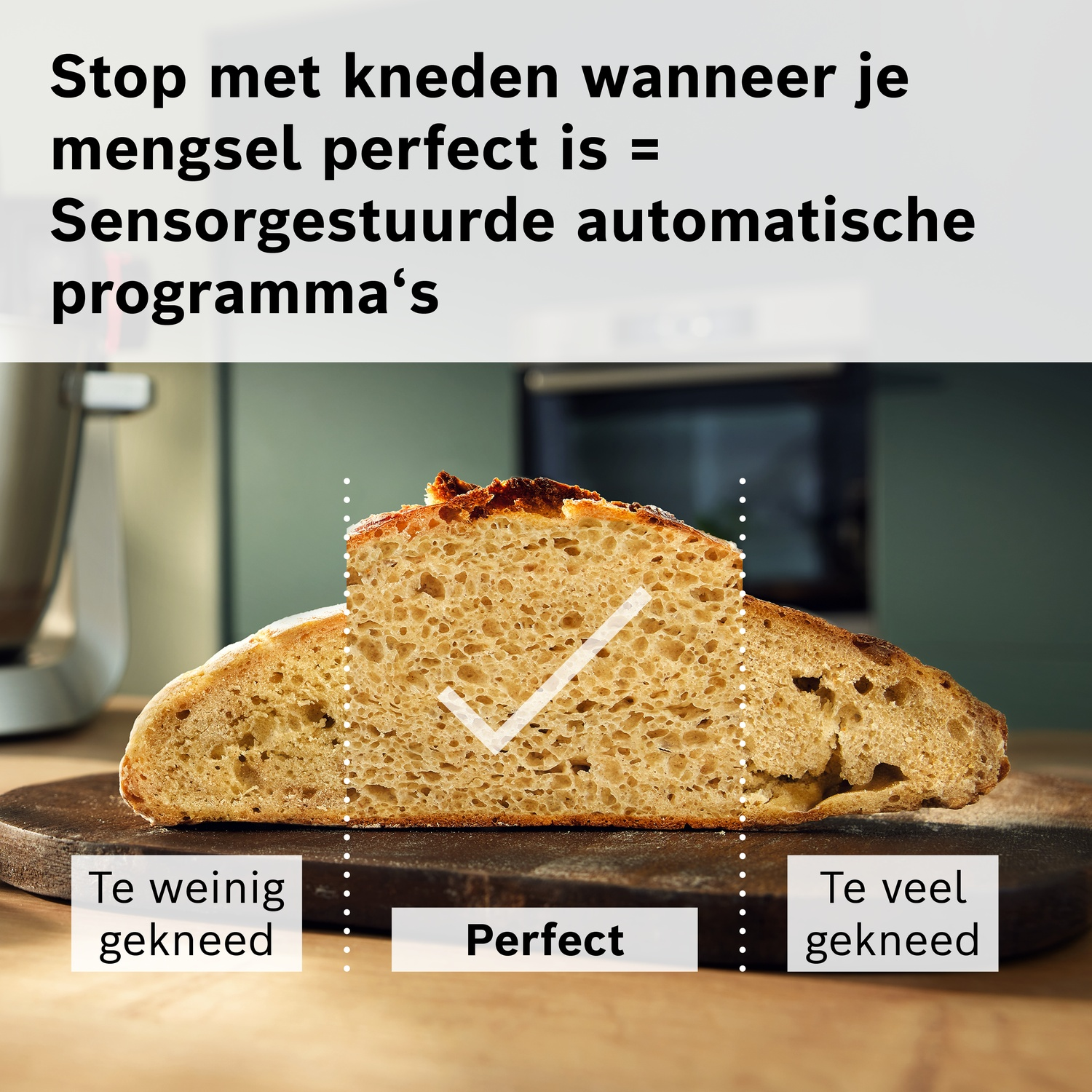 Brooddeeg doorsnede toont ondergekneden, perfect en overgekneden stadia.