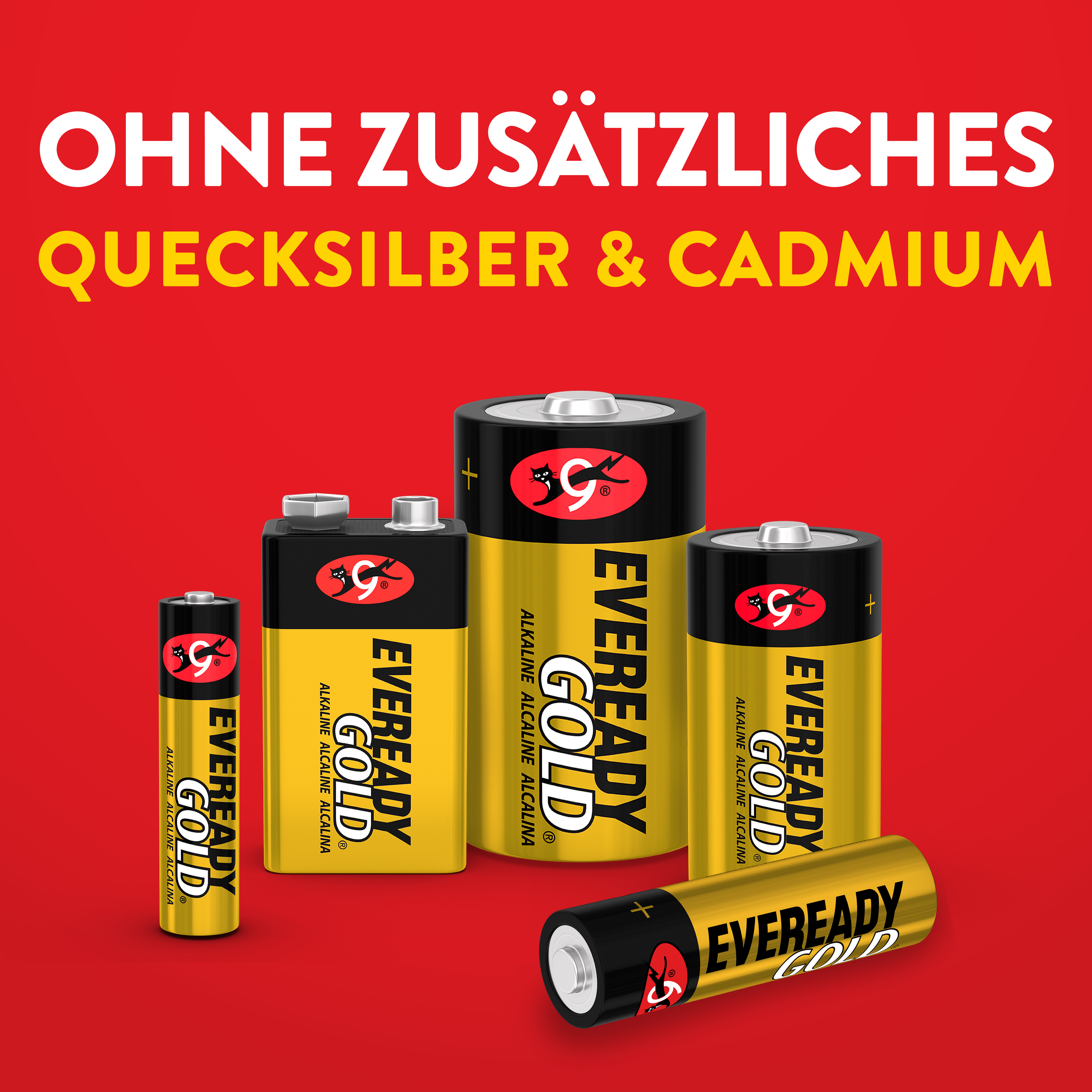 Eveready Gold Batterien ohne Quecksilber & Cadmium auf rotem Hintergrund.