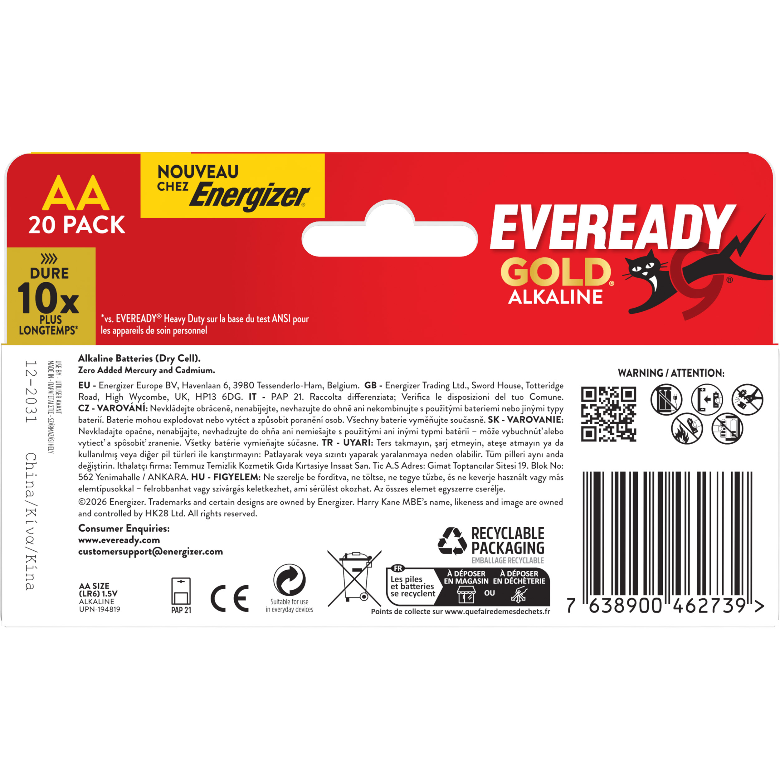Packung mit 20 AA Eveready Gold Alkaline Batterien mit Warnsymbolen.
