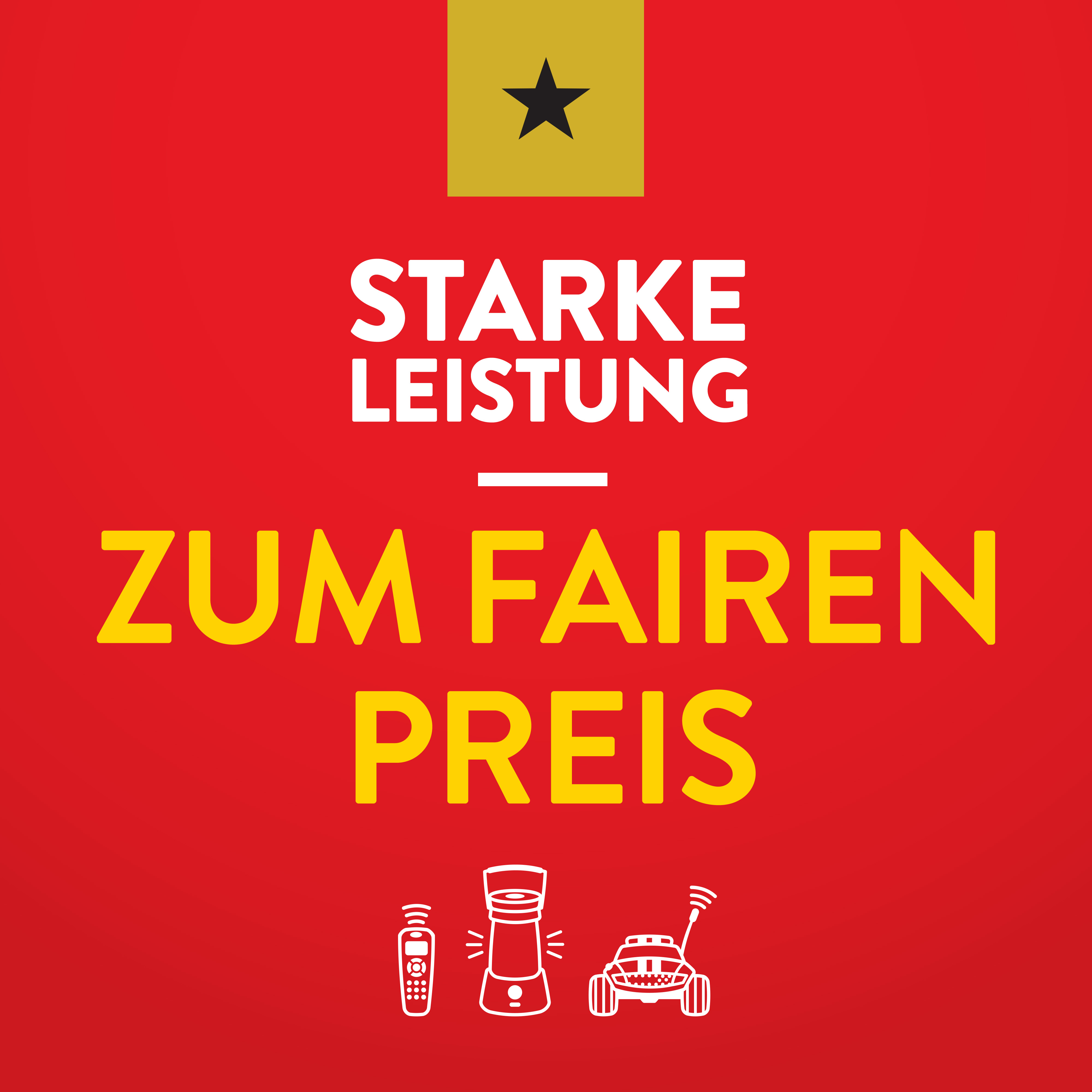 Roter Hintergrund mit weißer Schrift: „STARKEL LEISTUNG ZUM FAIREN PREIS“. Unten sind Icons für Fernbedienung, Lampe und Auto.