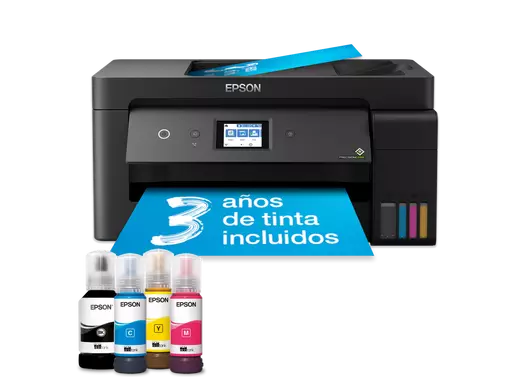 Una impresora Epson negra con un banner azul que dice '3 años de tinta incluidos'.