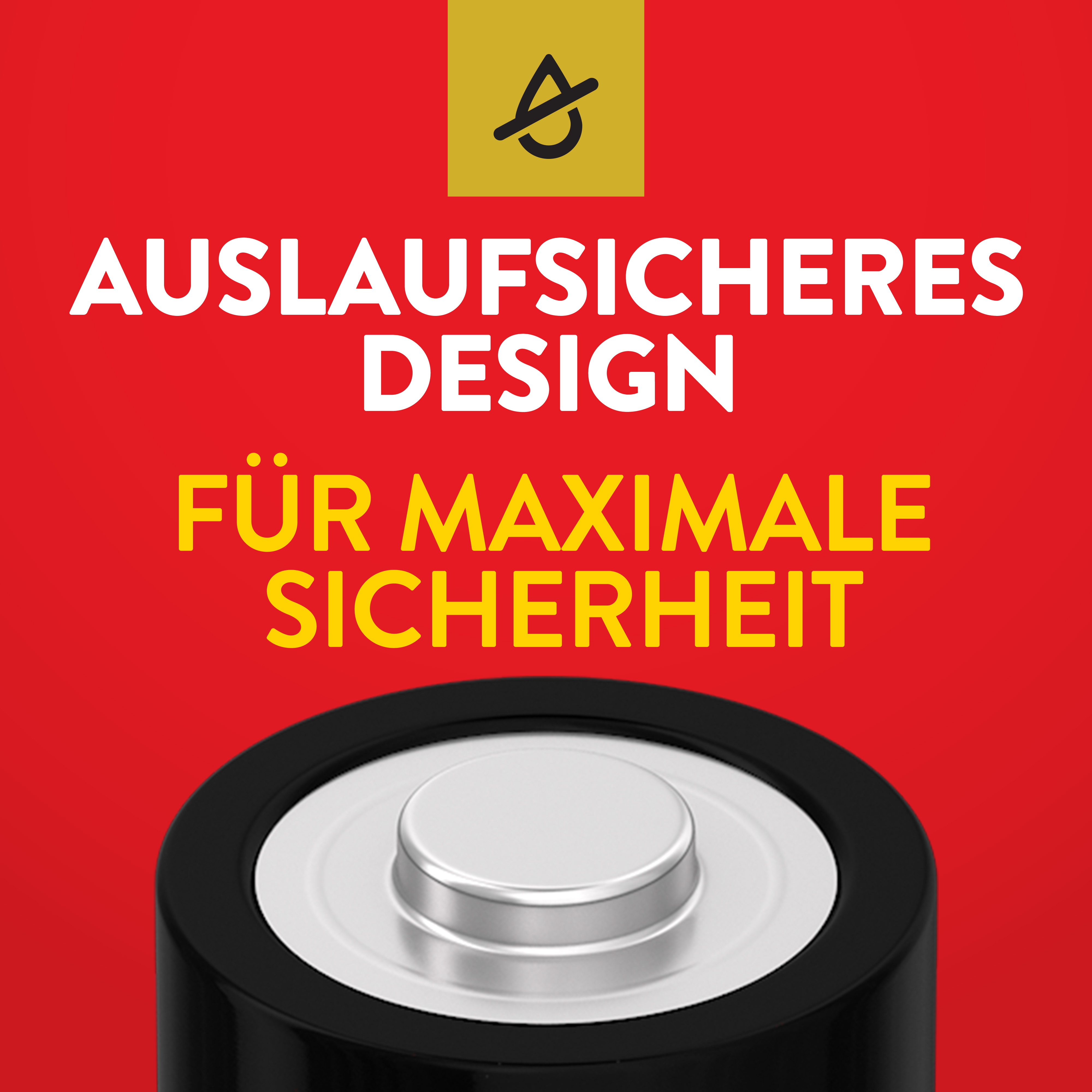 Nahaufnahme einer Batterie mit Text 'AUSLAUFSIChERES DESIGN FÜR MAXIMALE SICHERHEIT'.
