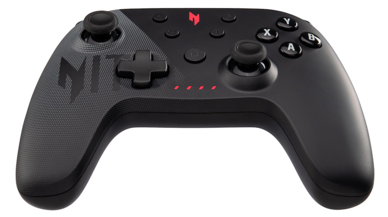 Mando de juego negro con acentos rojos y patrón. Cruceta a la izquierda, stick analógico a la derecha.