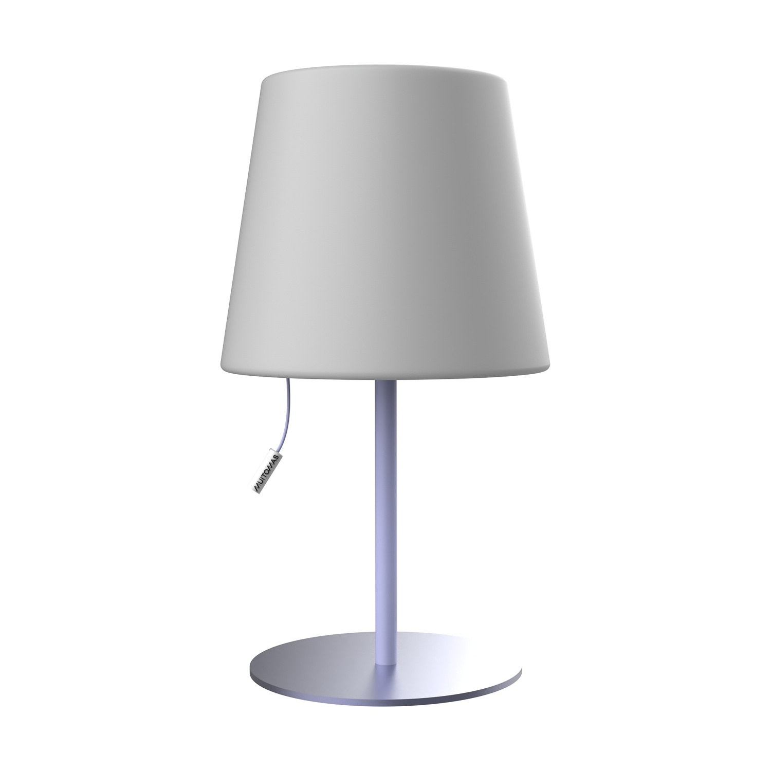 Una lampada bianca con paralume conico e stelo sottile.