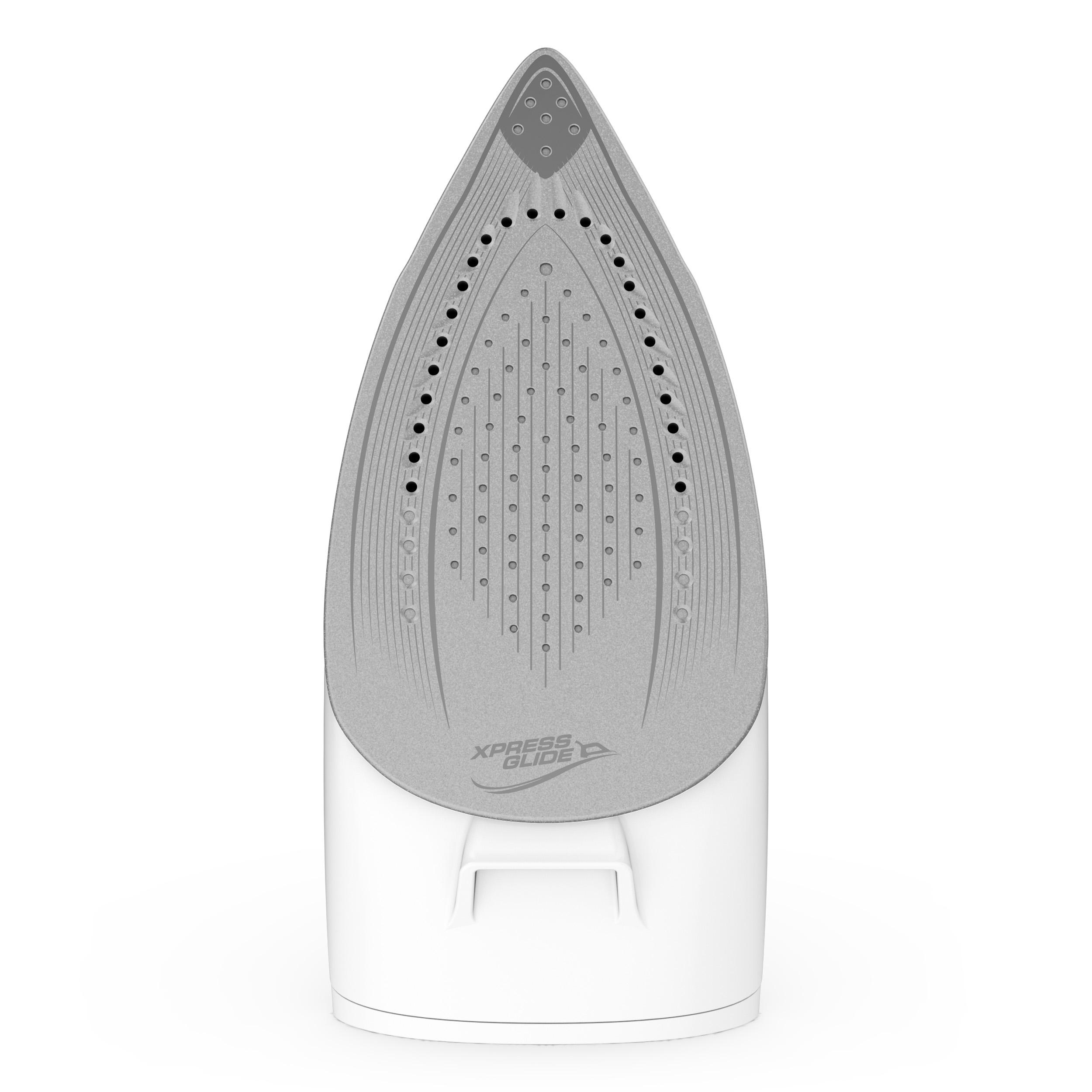 Eine graue Bügeleisensohle mit Dampflöchern und "XPRESS GLIDE"-Logo.
