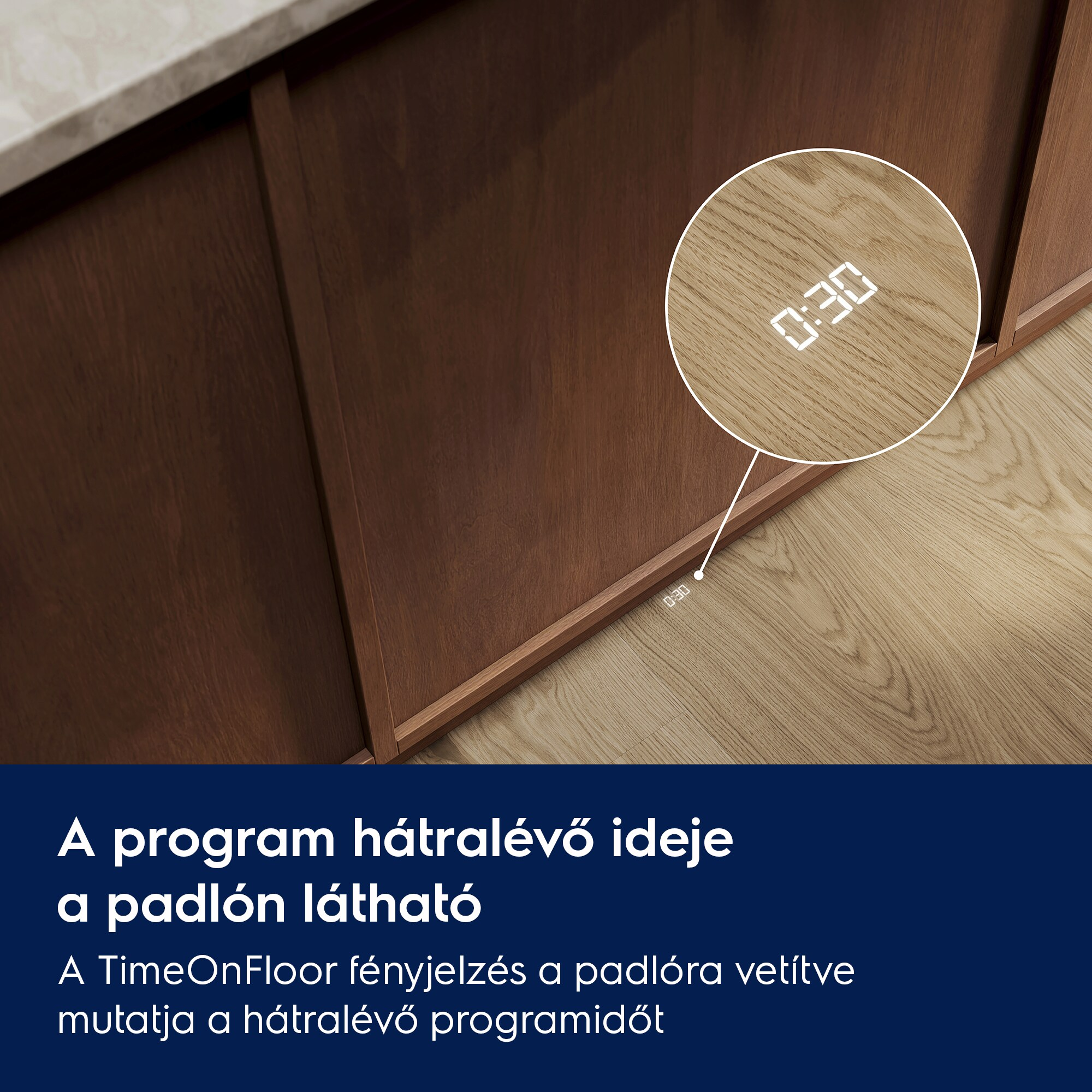 Fény vetíti ki a „0:30“ időt a faparkettára.