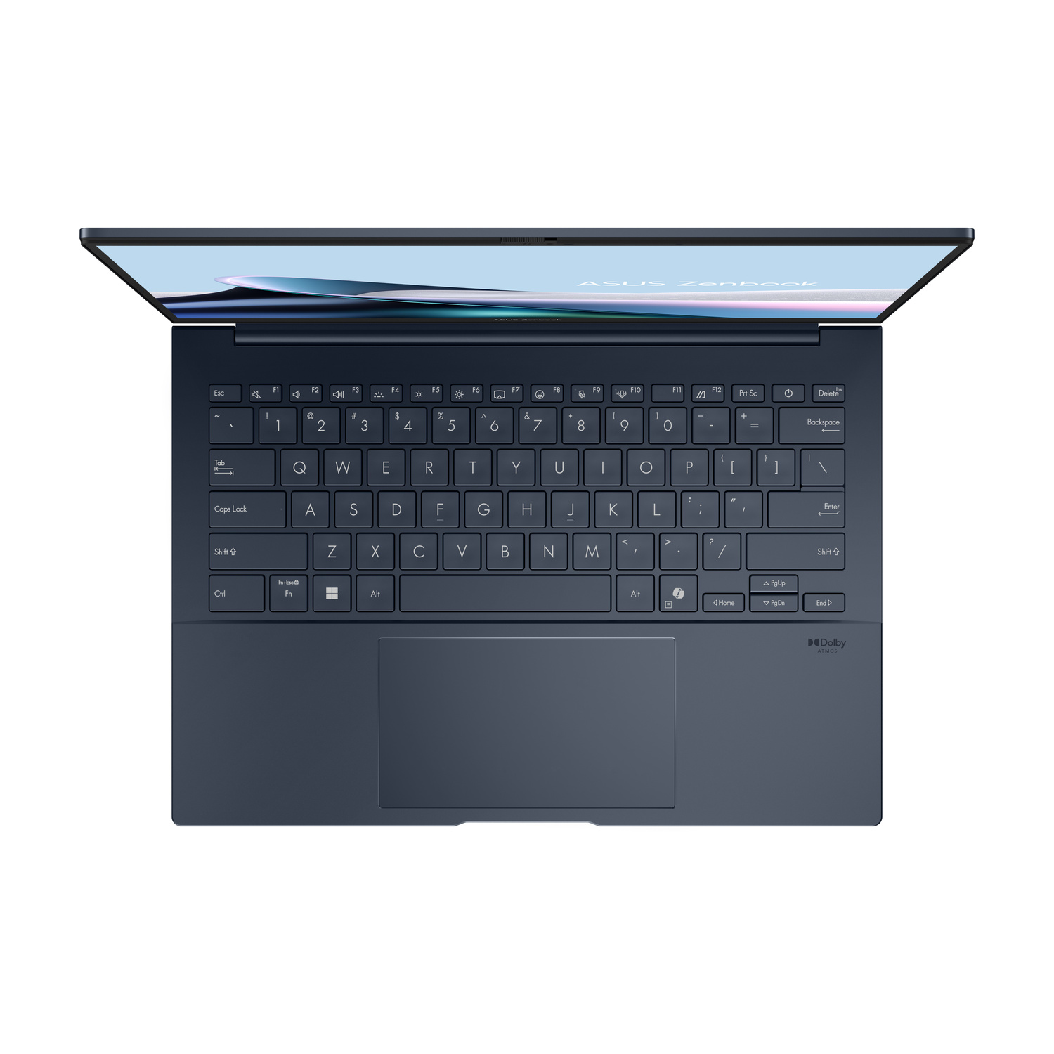 Un laptop ASUS Zenbook blu scuro con schermo aperto, tastiera e touchpad visibili.