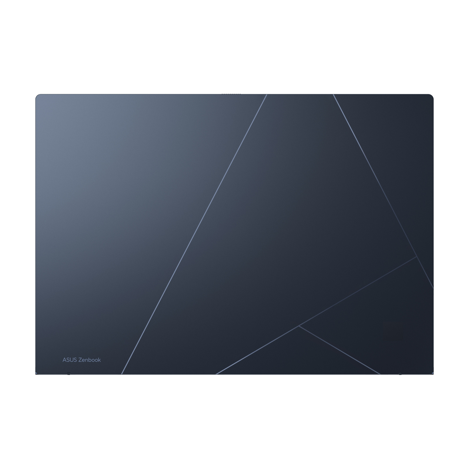 Coperchio laptop blu scuro con linee geometriche e logo ASUS Zenbook.