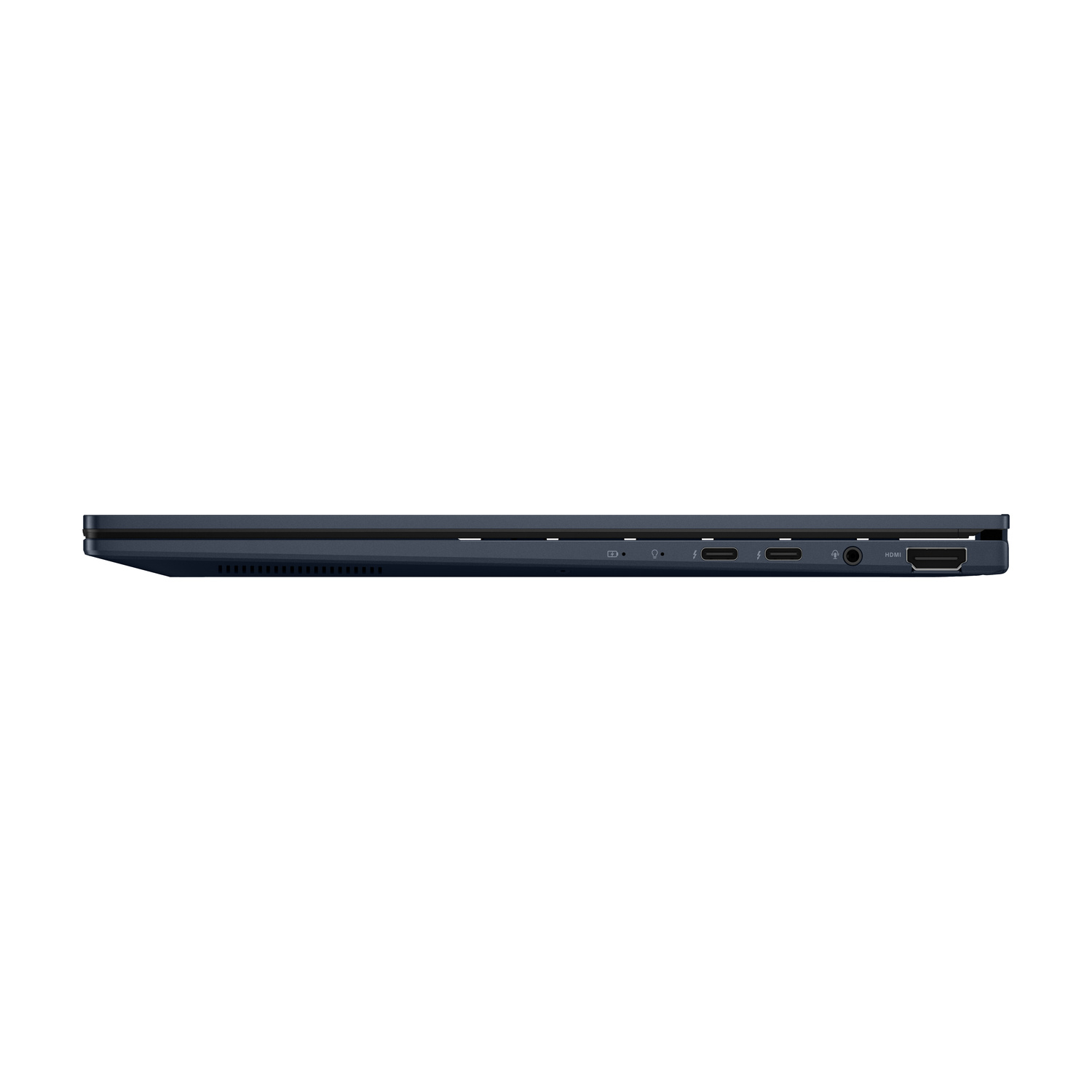 Bordo laptop blu scuro con porte: USB-C, HDMI.