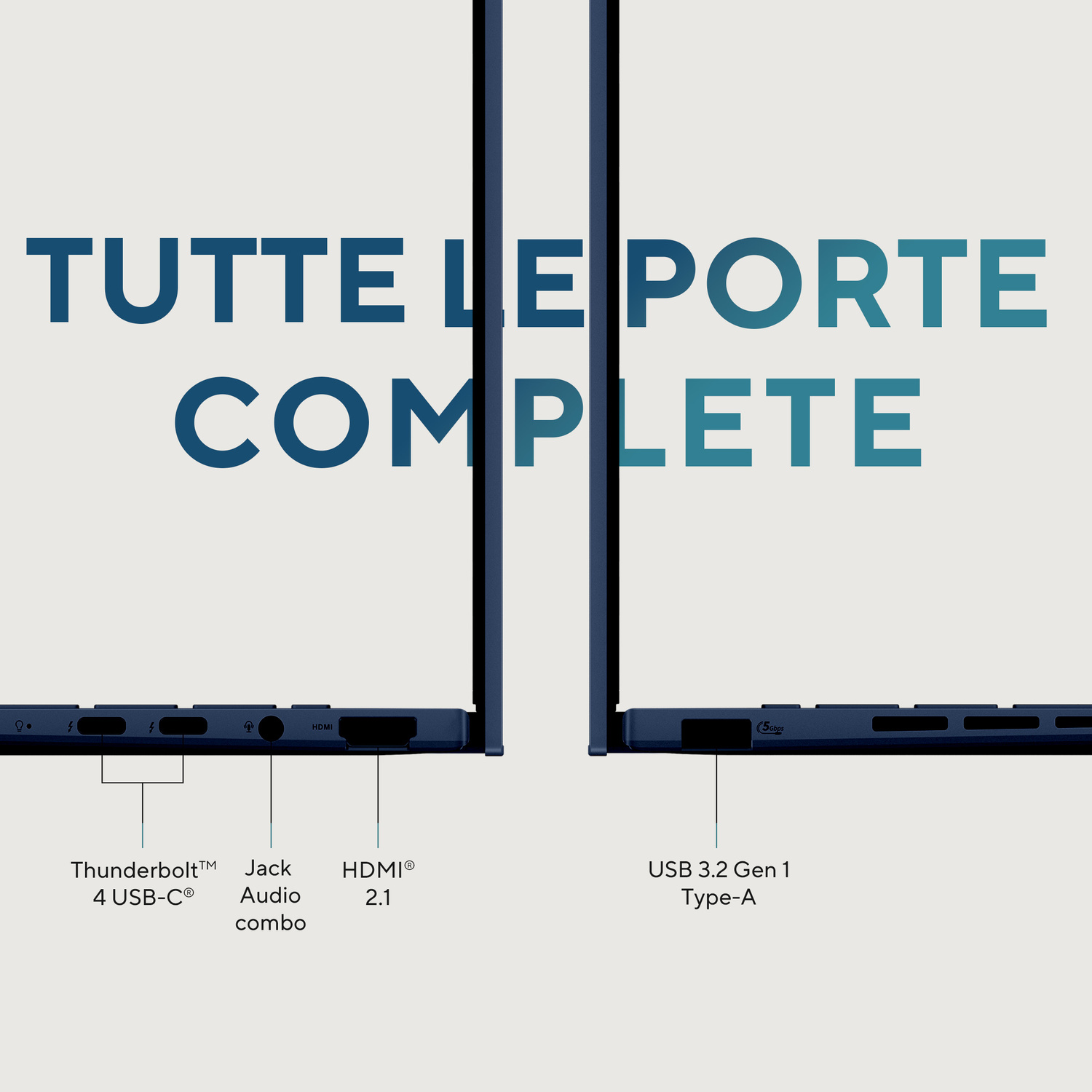 Porte del laptop: Thunderbolt 4 USB-C, jack audio, HDMI 2.1, USB-A.