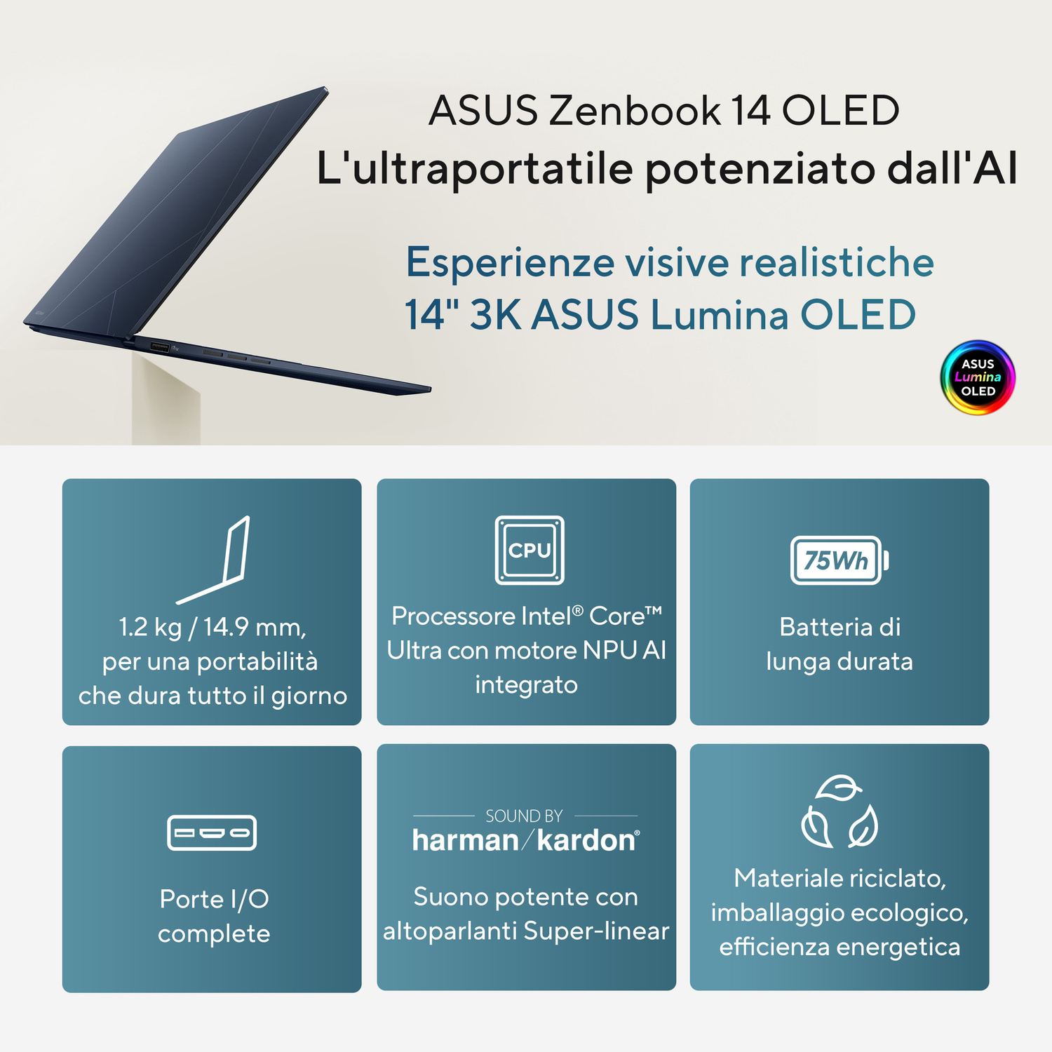 Portatile ASUS Zenbook 14 OLED blu scuro, leggero, con funzionalità AI.