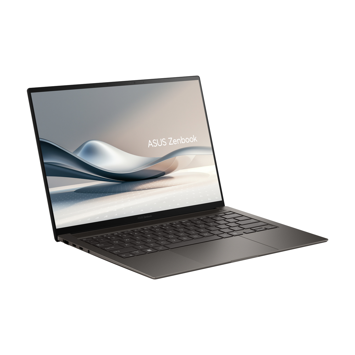 Un laptop Asus Zenbook aperto e scuro su sfondo bianco. Lo schermo mostra una grafica astratta.