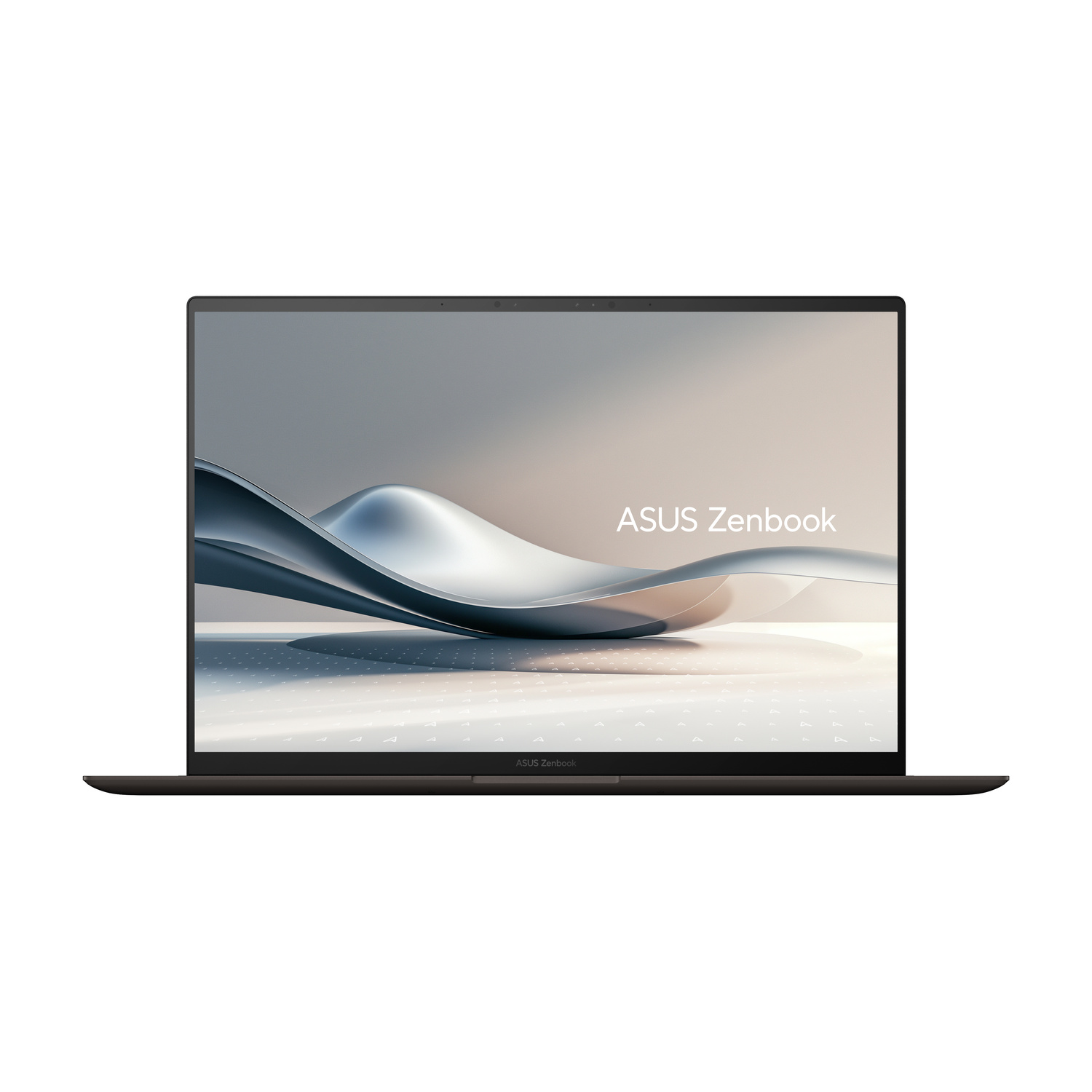 Un laptop ASUS Zenbook aperto e scuro con uno sfondo astratto sullo schermo.