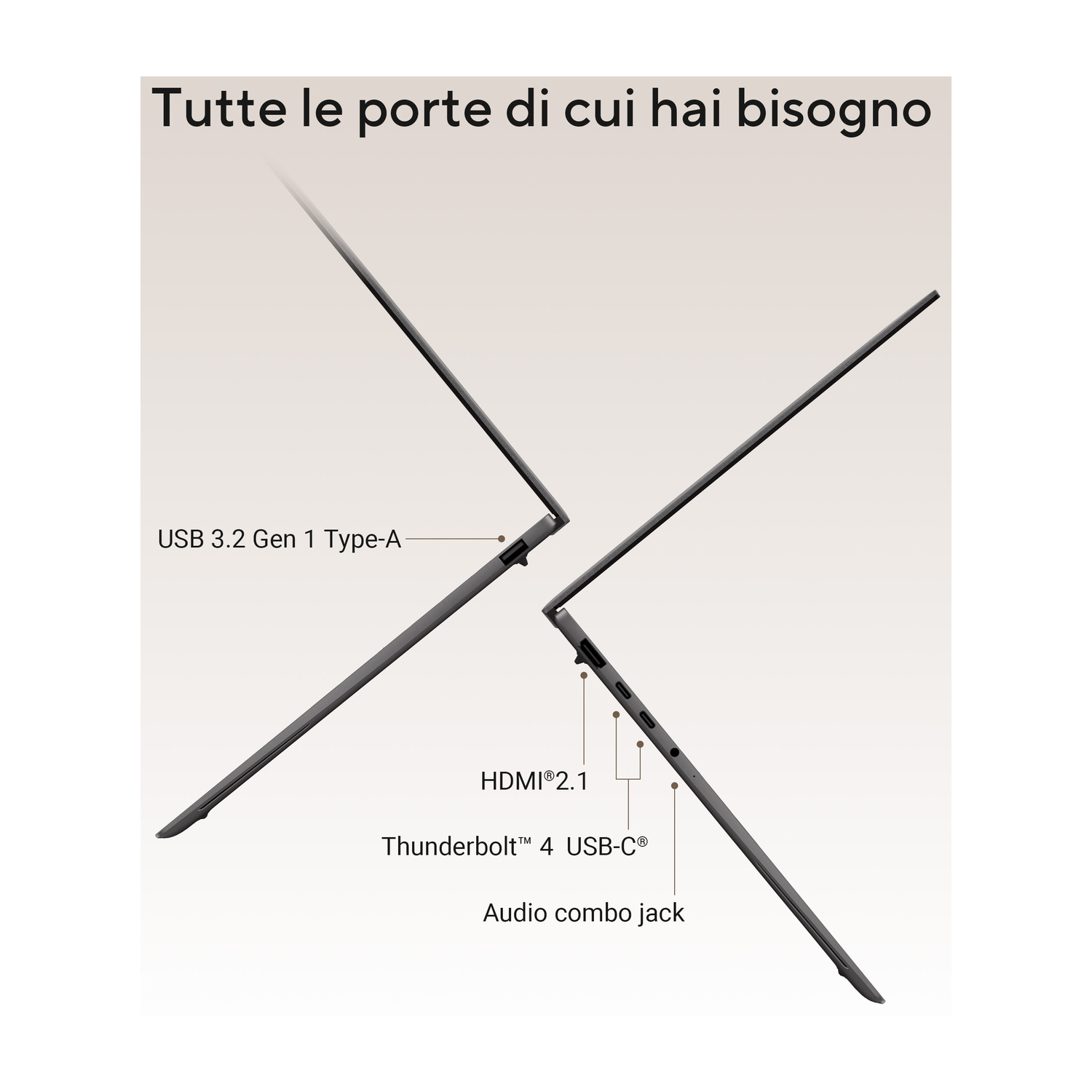 Due laptop mostrano le porte: USB-A, HDMI, Thunderbolt/USB-C, jack audio.