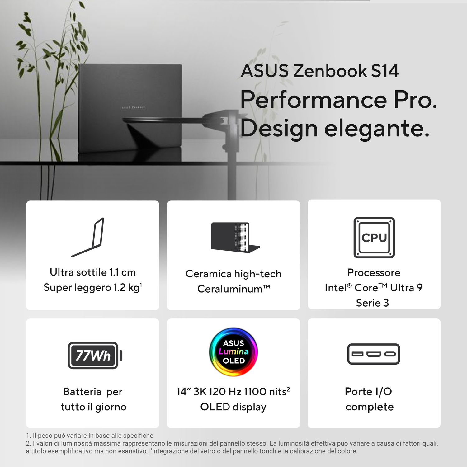 ASUS Zenbook S14: 1.1cm sottile, 1.2kg leggero, Ceraluminum ceramica, Intel Ultra 9, batteria 77Wh, OLED 3K 120Hz 14".