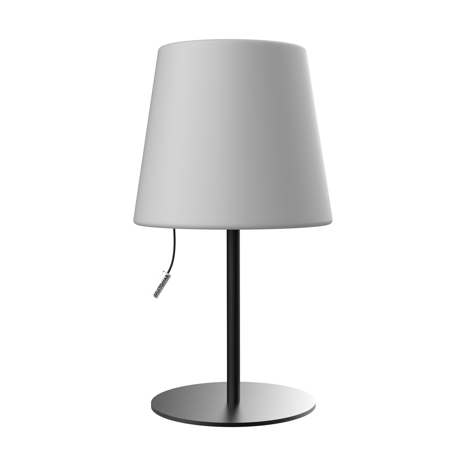 Una lampada da tavolo bianca con base e stelo grigi.