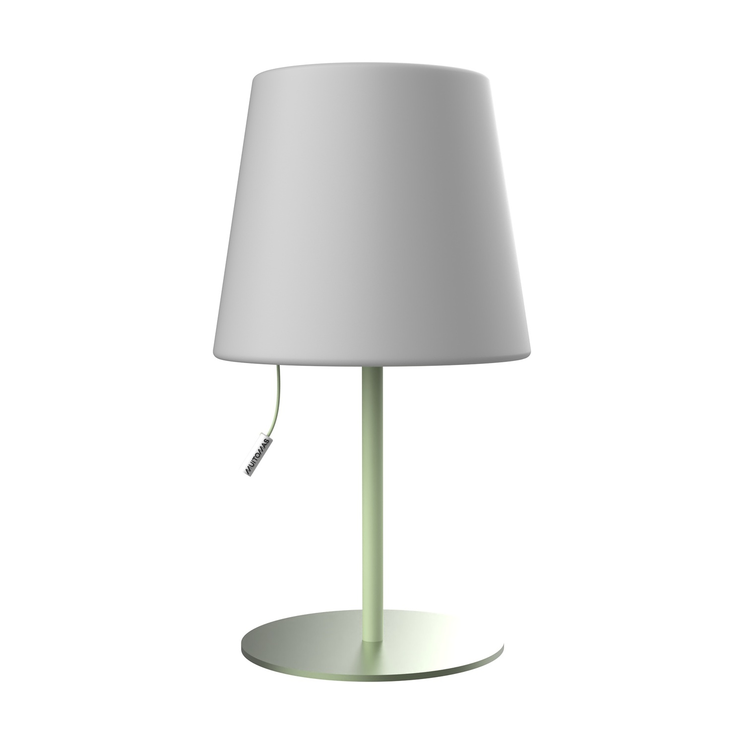 Una semplice lampada da tavolo verde con paralume bianco e base rotonda.