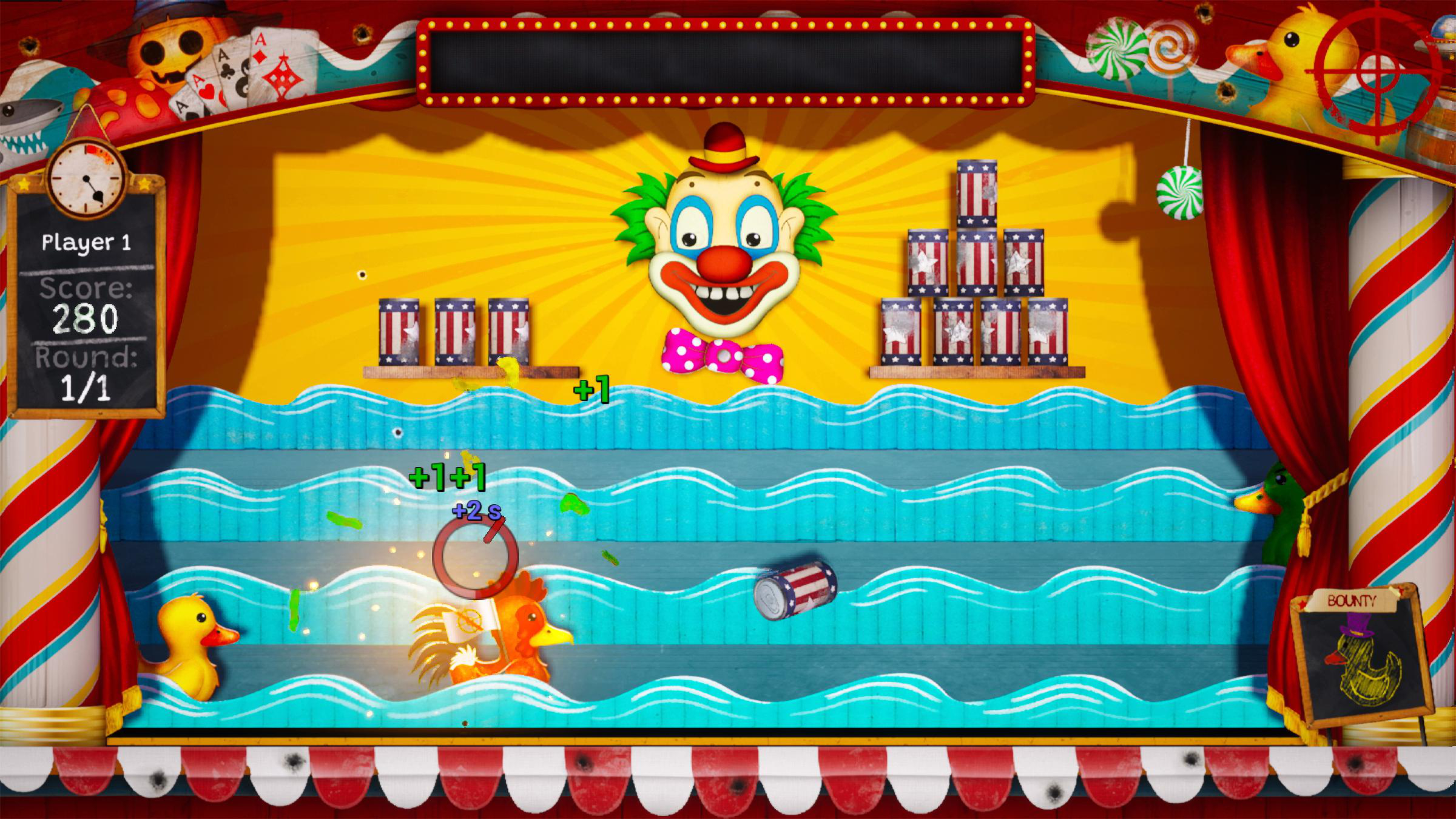 Zirkus-Spiel mit Clown, Enten, Hühnern und Dosen.