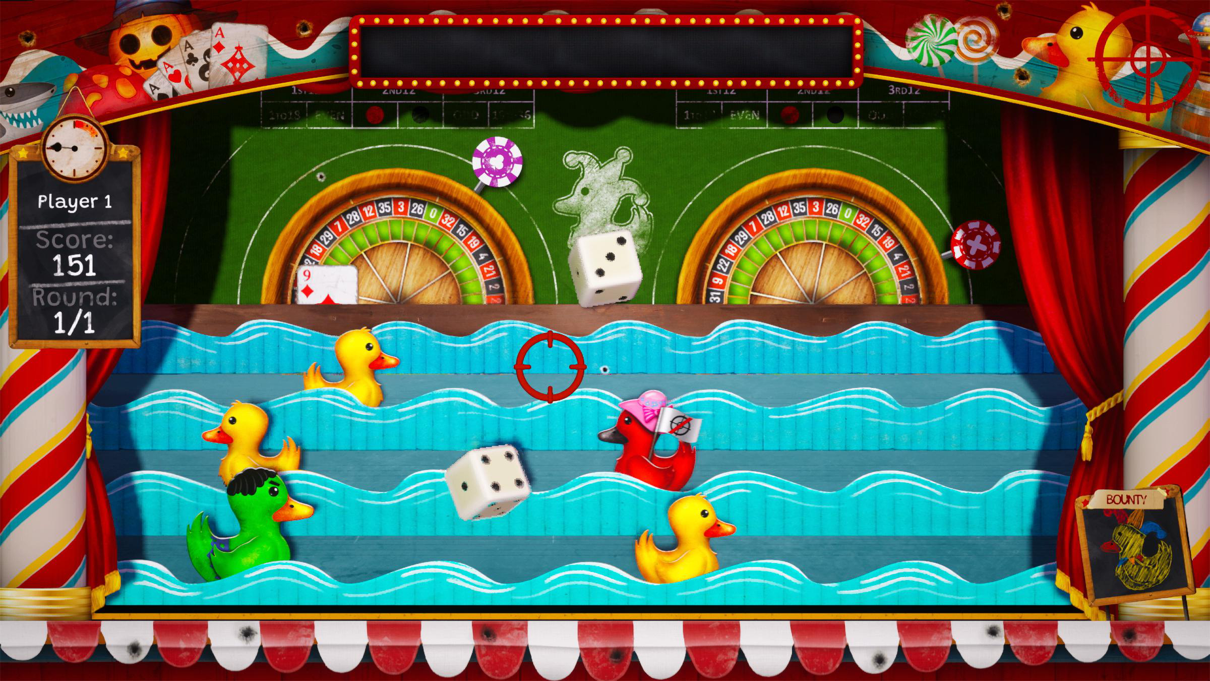 Casino-Spiel mit Enten, Würfeln und Rouletterad auf einer Bühne.