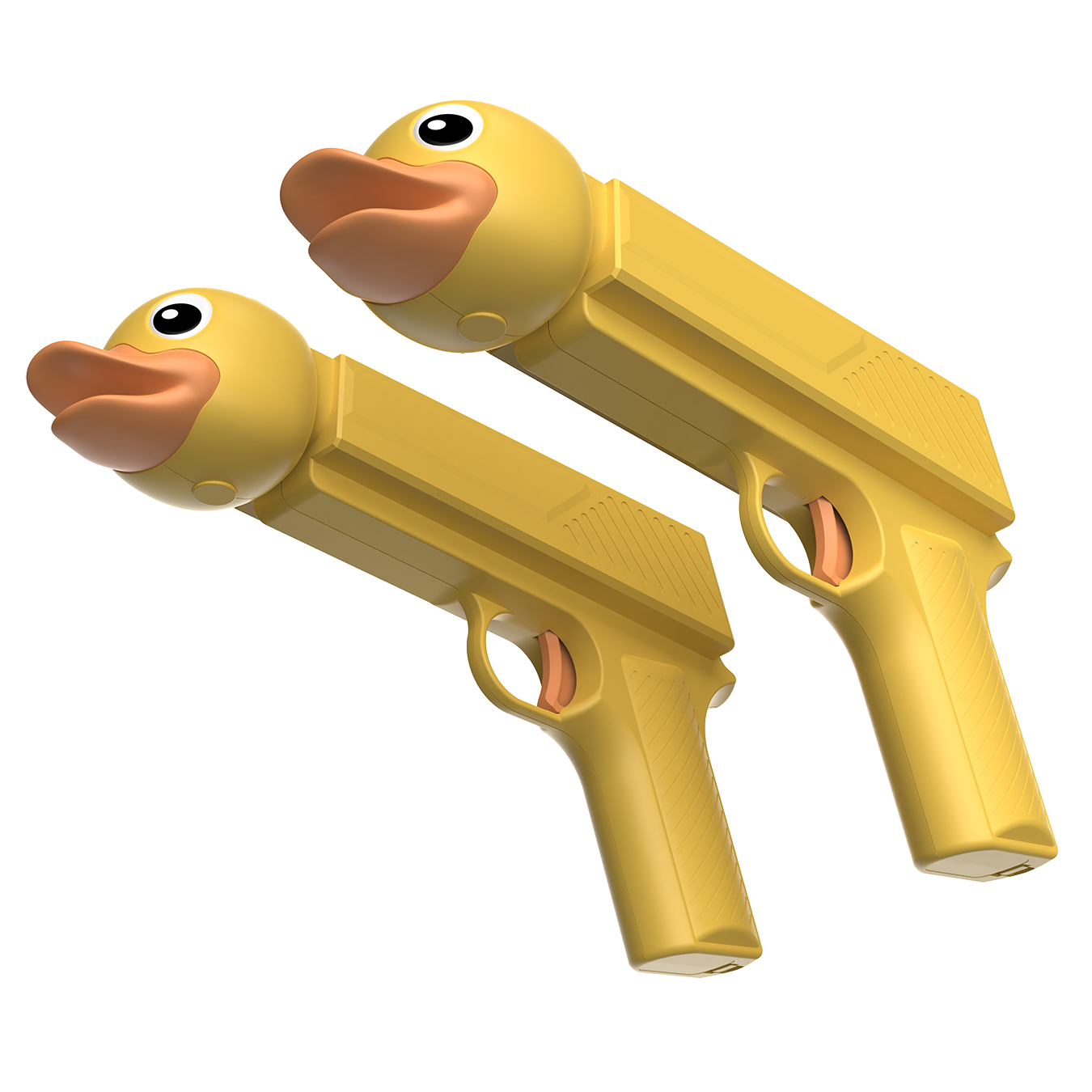 Zwei gelbe Spielzeugpistolen im Enten-Design, nebeneinander auf weißem Hintergrund.