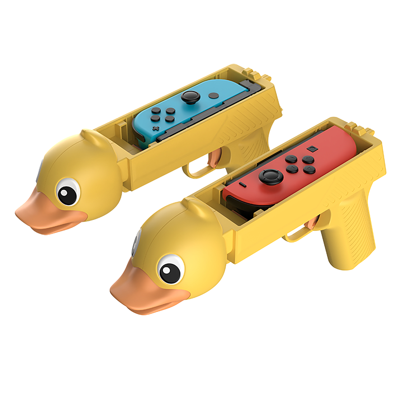 Zwei gelbe Enten-förmige Griffe mit blauen und roten Joy-Cons