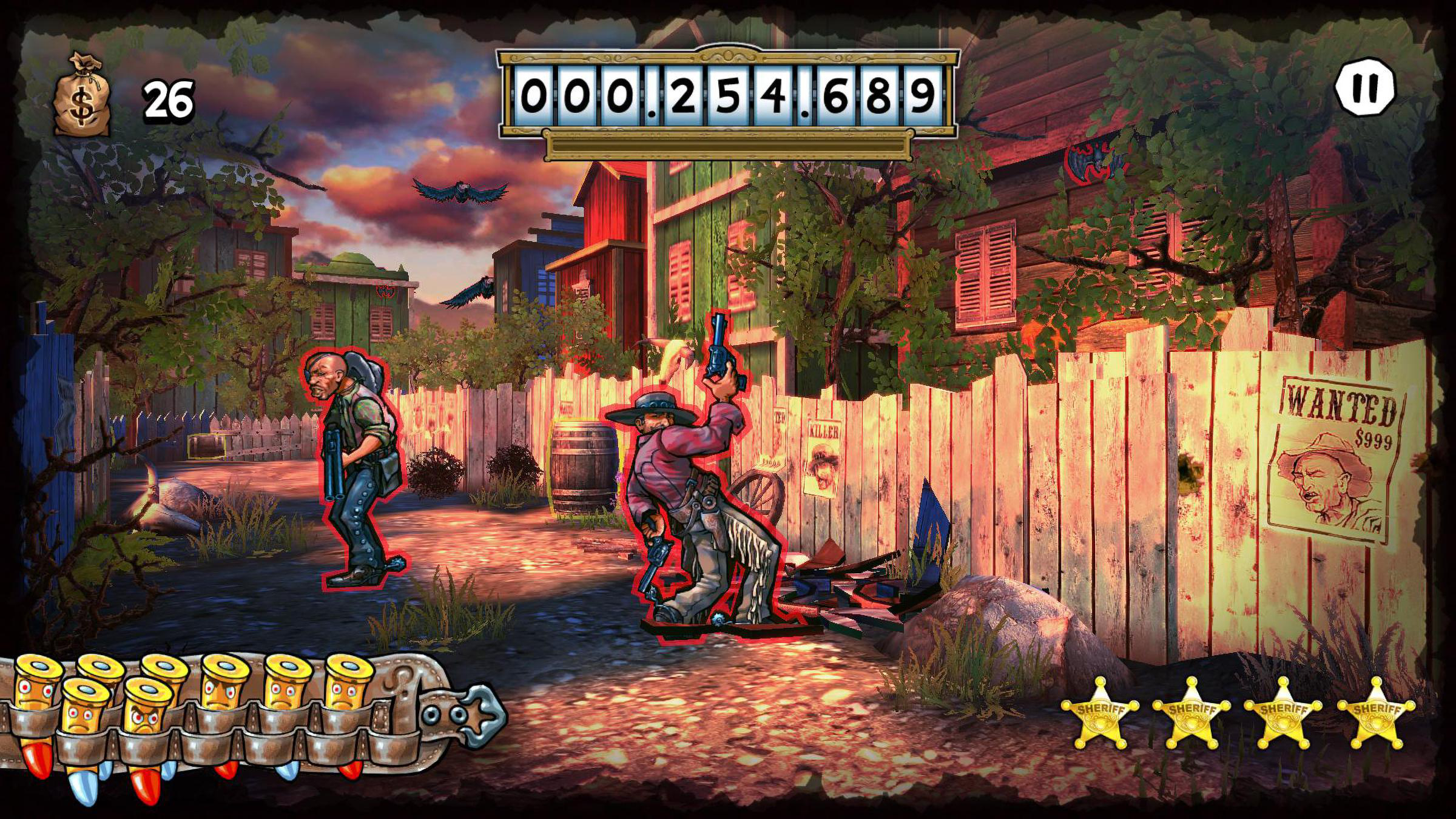 Wild-West-Szene mit zwei Cowboys, einer mit einer Waffe, Punktestand 254689 und einem Steckbrief.