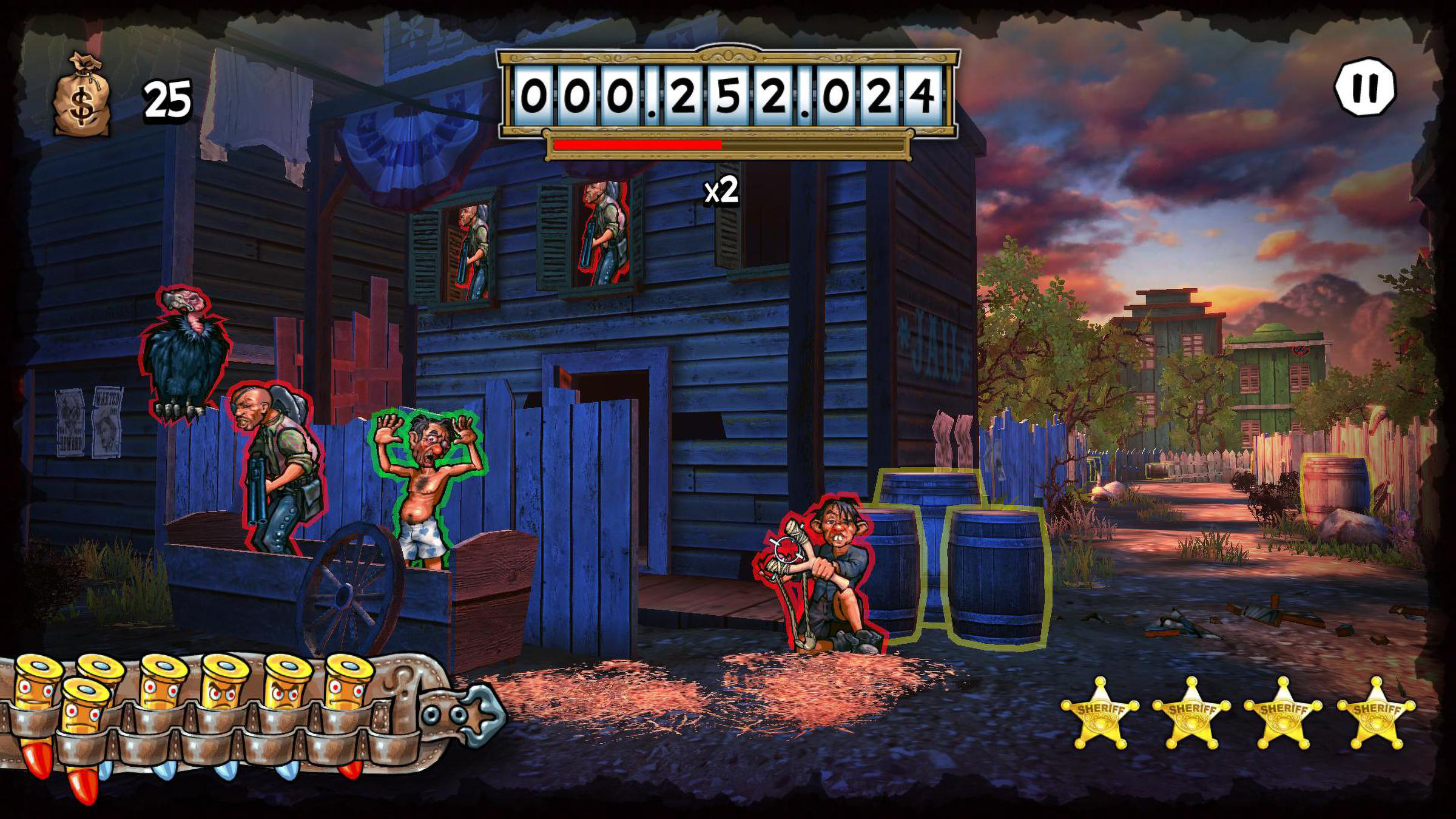 Wild-West-Szene mit Figuren, Fässern und einem Spielstand.