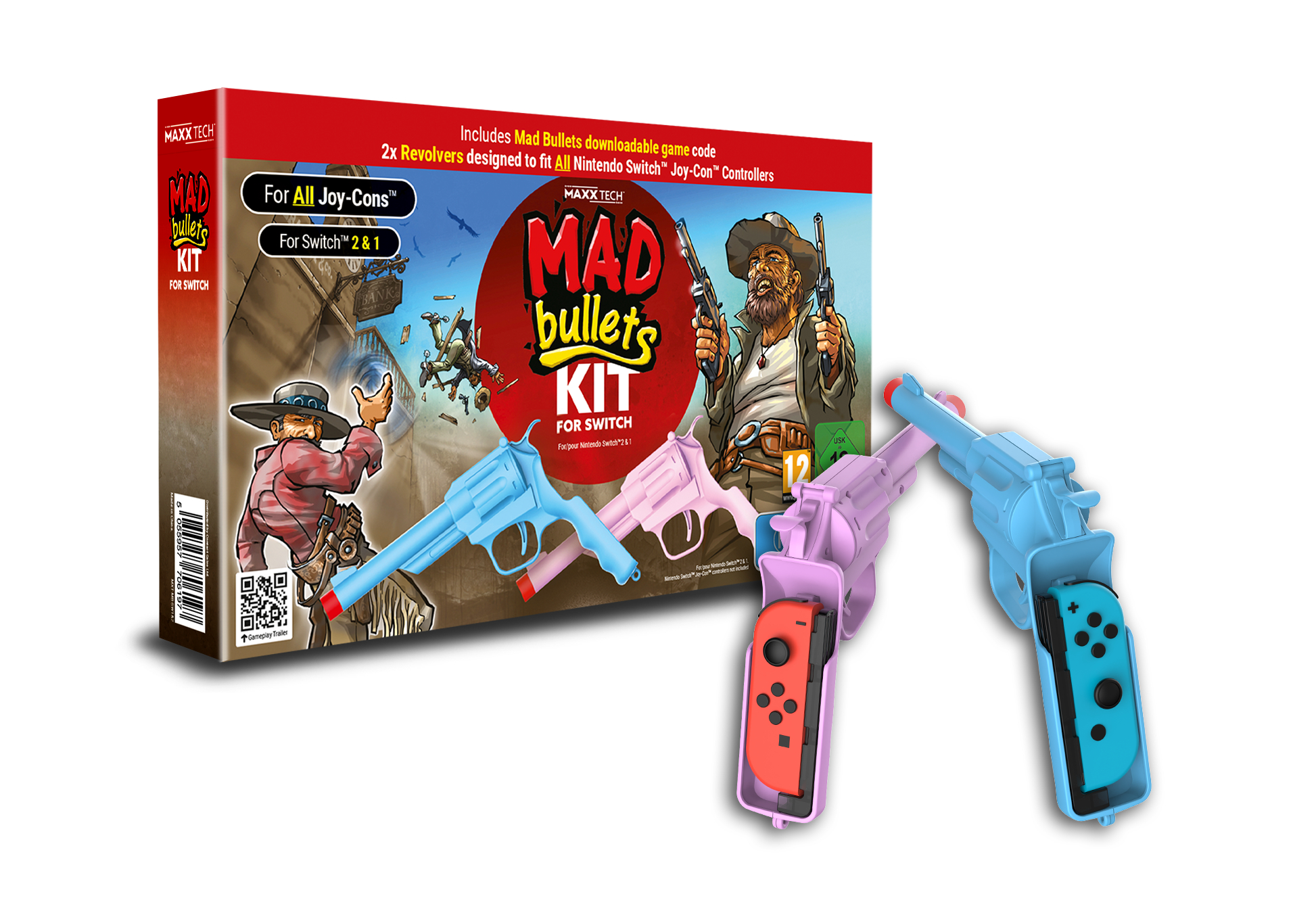 Ein Nintendo Switch Mad Bullets Kit mit blauen und rosa Revolvern und Joy-Cons.