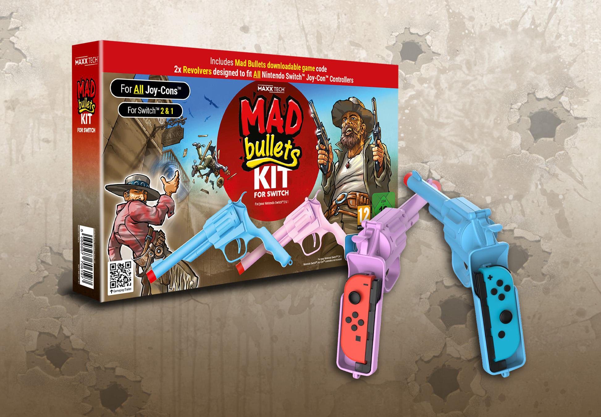 Verpackung für Mad Bullets Kit mit zwei bunten Controller-Halterungen für Nintendo Switch.