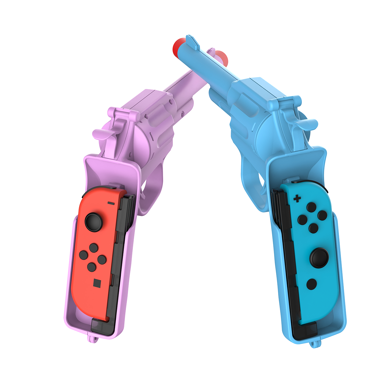 Zwei Spielzeugpistolen in Pink und Blau, die Joy-Cons halten.