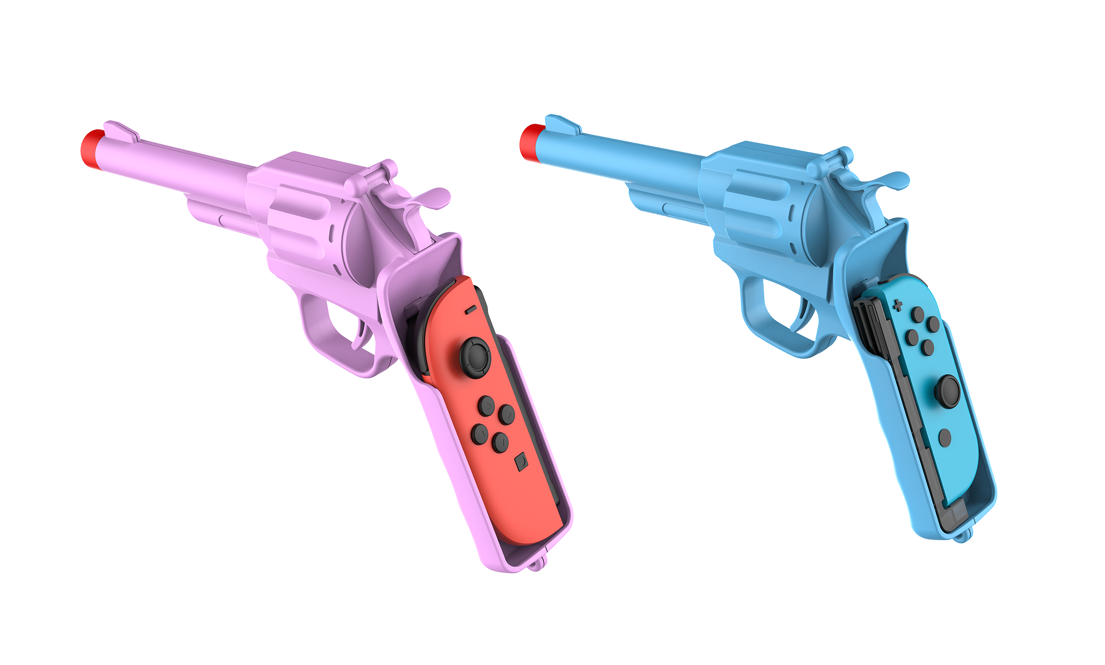 Zwei Spielzeugpistolen-Accessoires, eine pink, eine blau, die jeweils einen roten und blauen Controller halten.