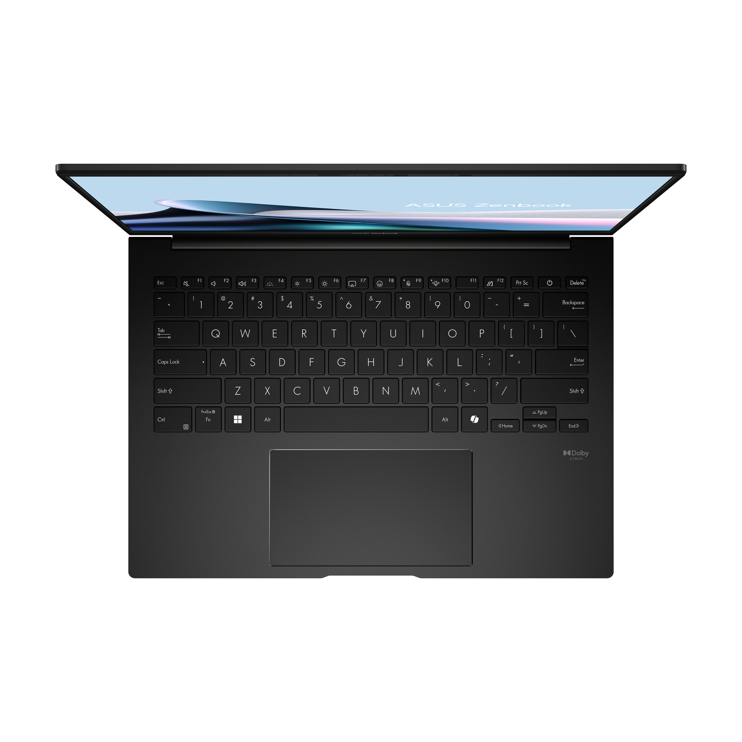 Laptop nero con schermo aperto, tastiera e touchpad visibili.