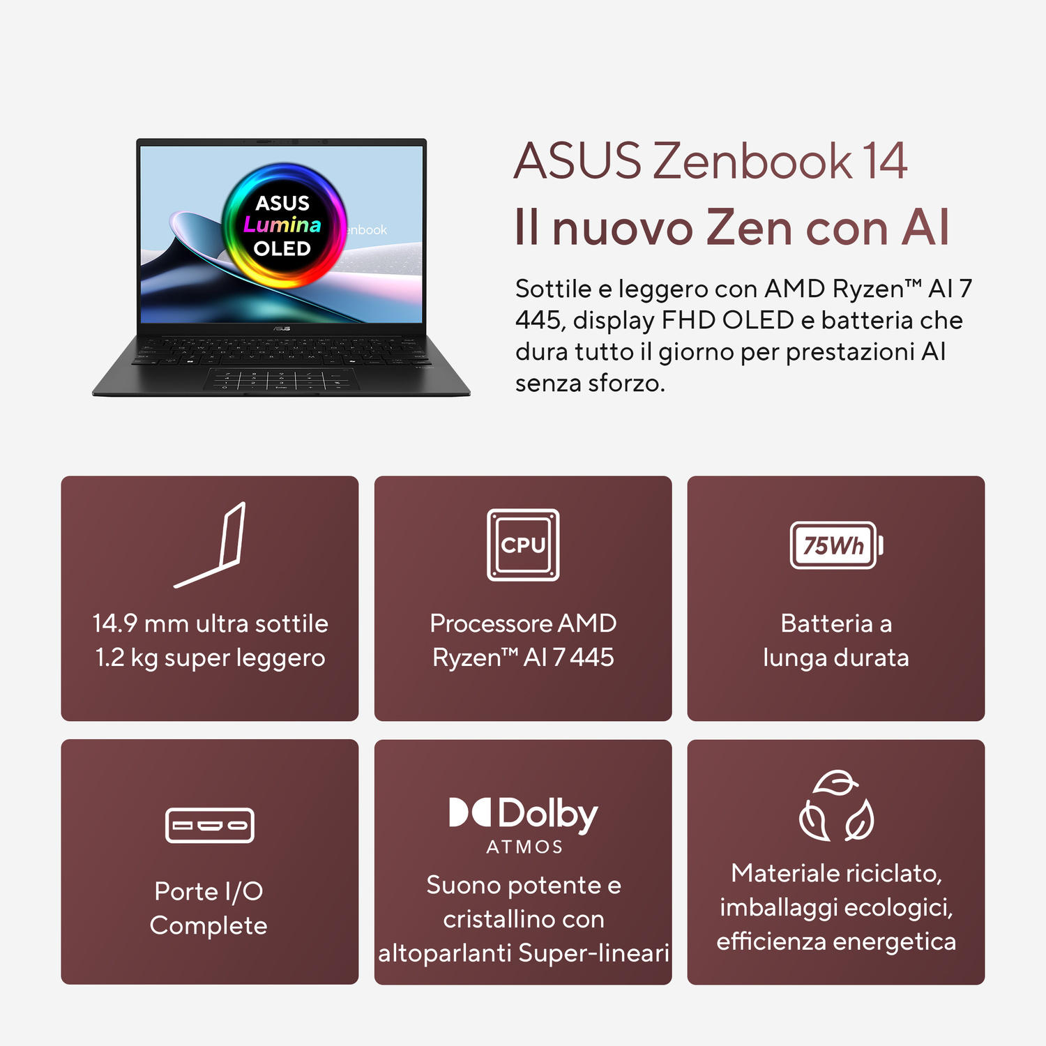 Laptop ASUS Zenbook 14 nero con dettagli su spessore, peso, CPU, batteria, porte e materiali.