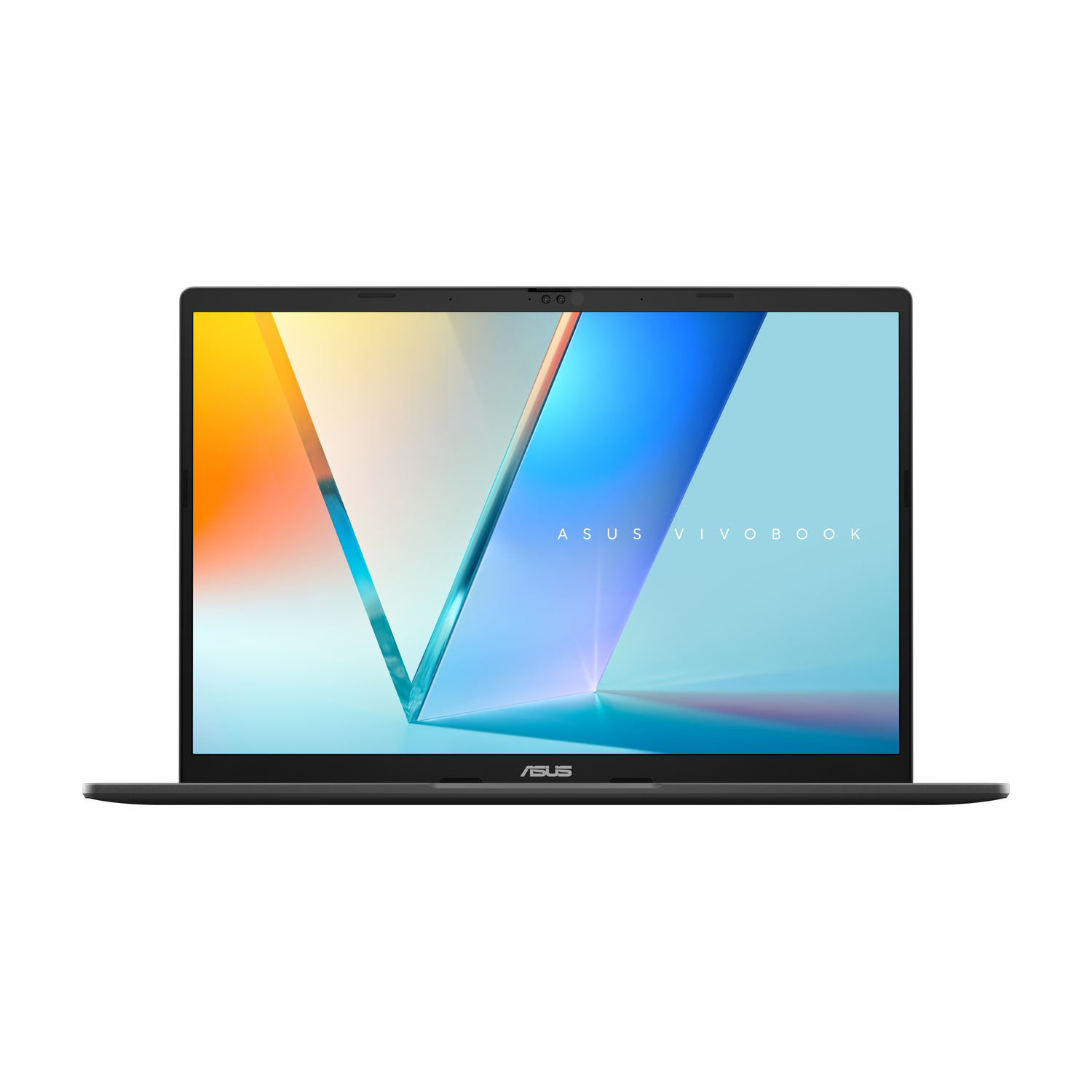 Un laptop Asus Vivobook grigio chiuso con uno sfondo astratto colorato sul suo schermo.