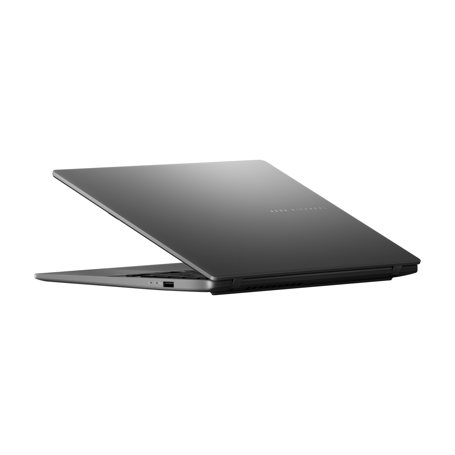 Un laptop grigio chiuso con il logo ASUS Vivobook sul coperchio.