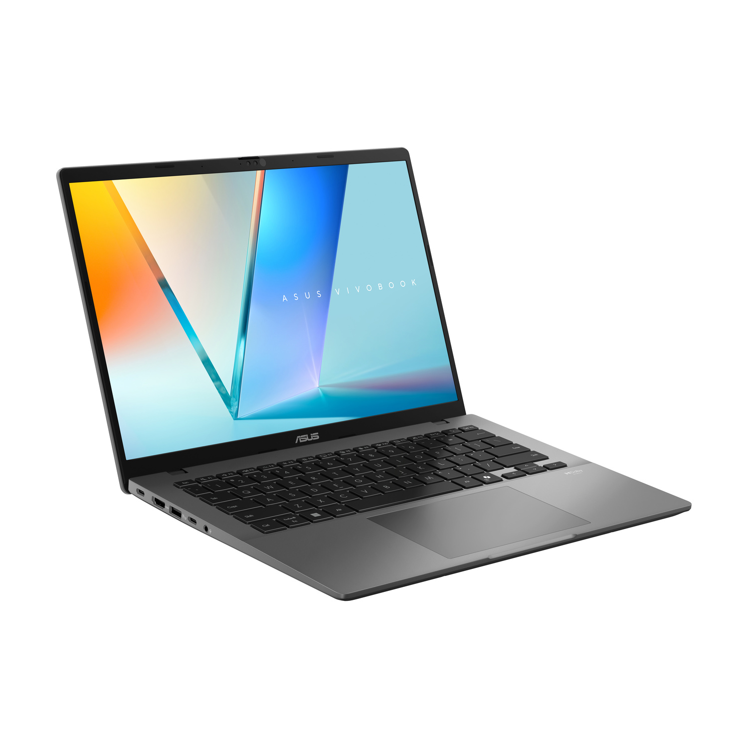 Un laptop Asus Vivobook grigio con tastiera e touchpad retroilluminati.