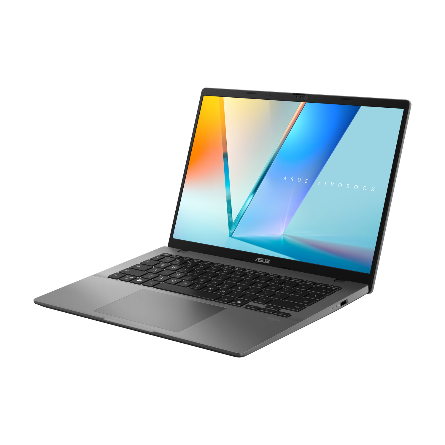 Un laptop Asus Vivobook argentato è mostrato su sfondo bianco.