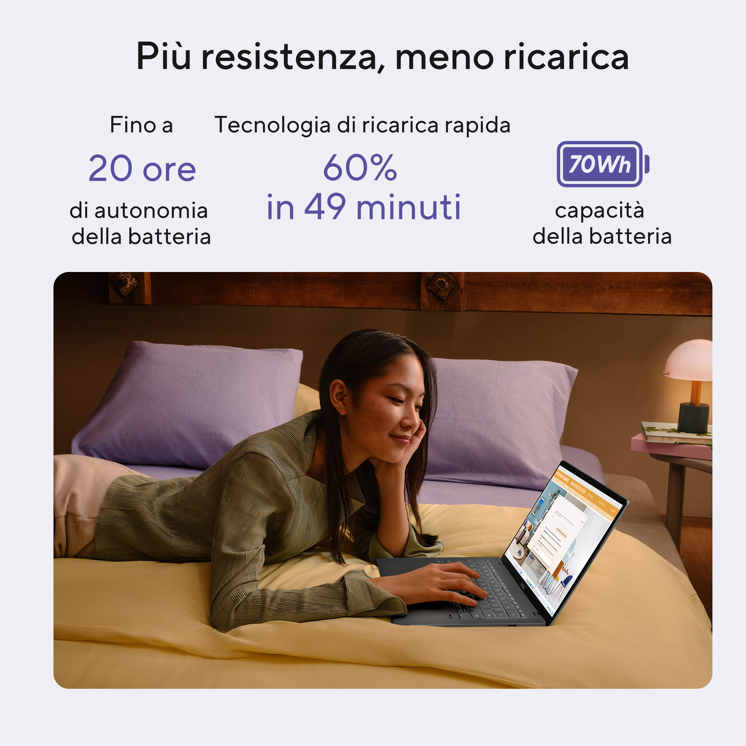 Una donna è sdraiata su un letto e usa un laptop. Testo su batteria e ricarica.