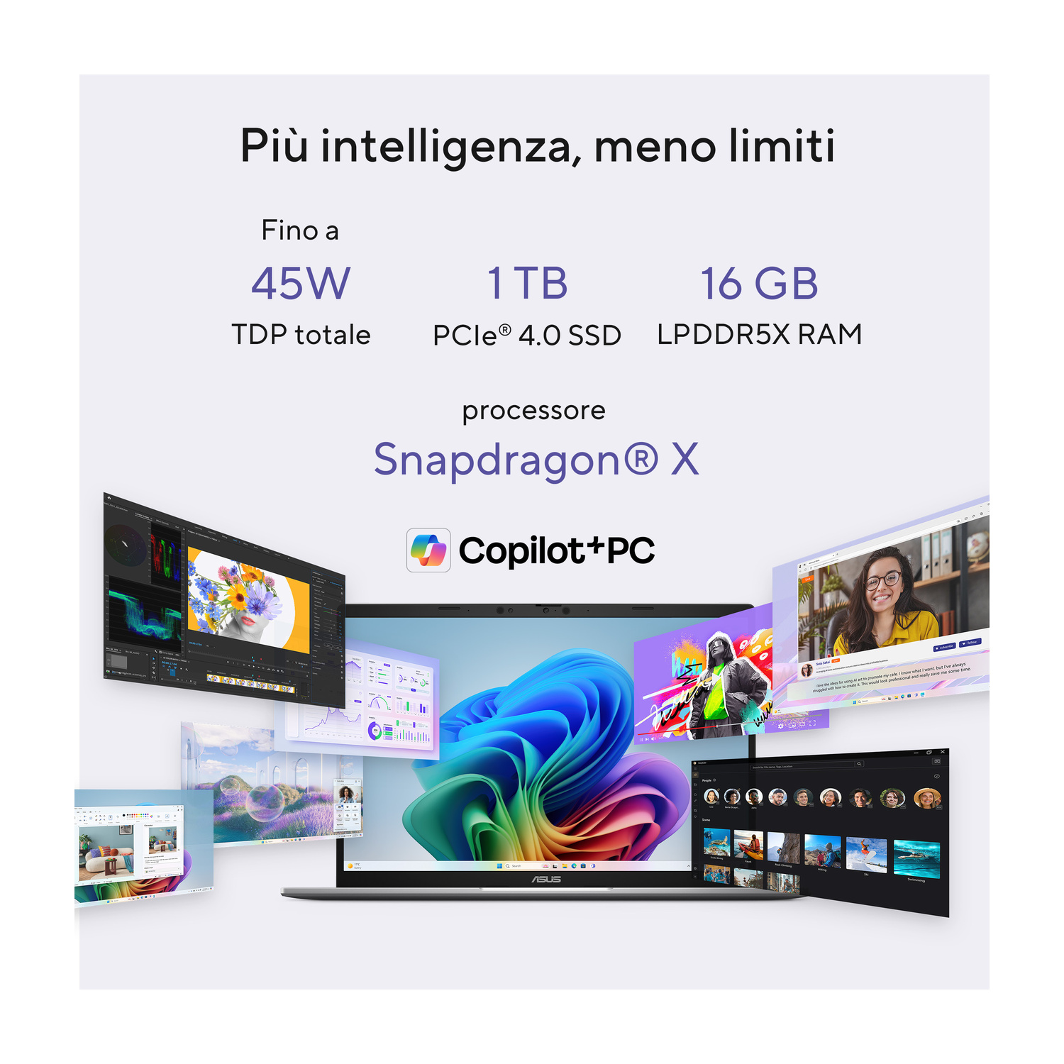 Un laptop con processore Snapdragon X, 45W TDP, SSD 1TB, RAM 16GB, Copilot+PC.