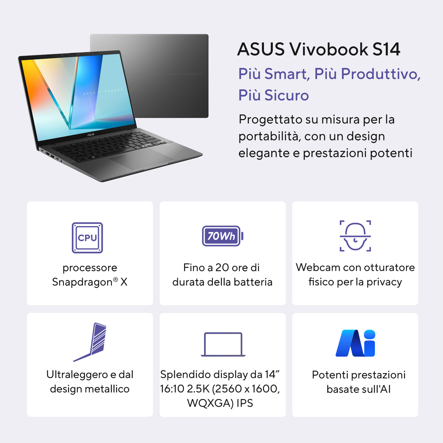 Laptop ASUS Vivobook S14 grigio, aperto con schermo luminoso. Specifiche elencate.