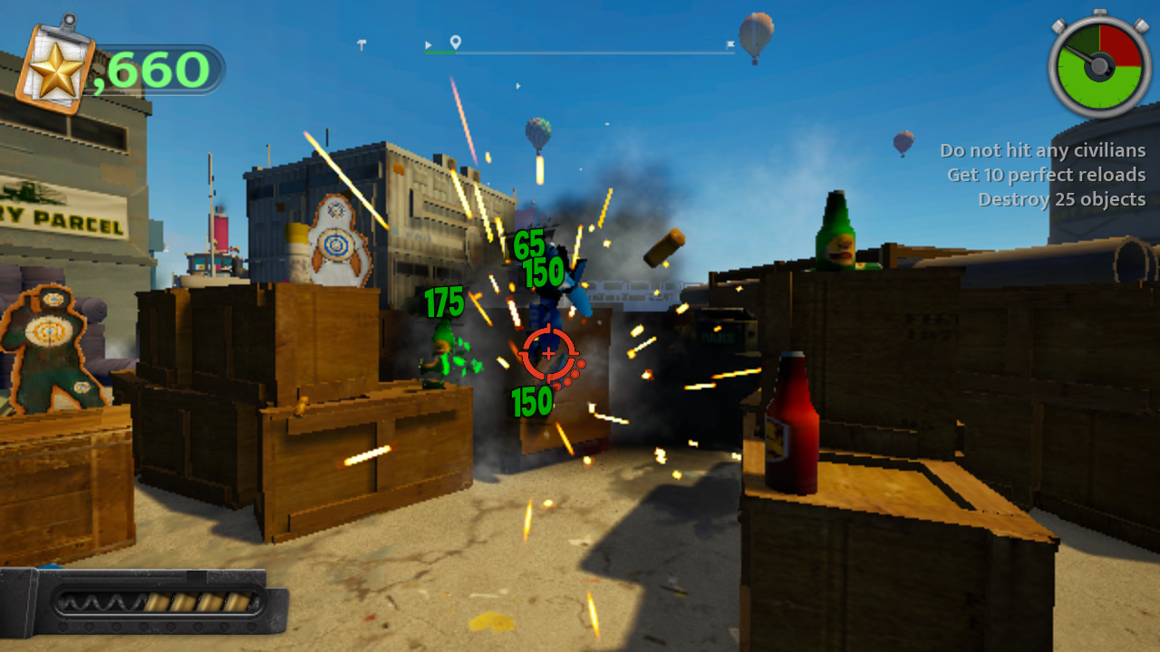 Actionspiel mit Zielen, Explosionen und Heißluftballons am Himmel.