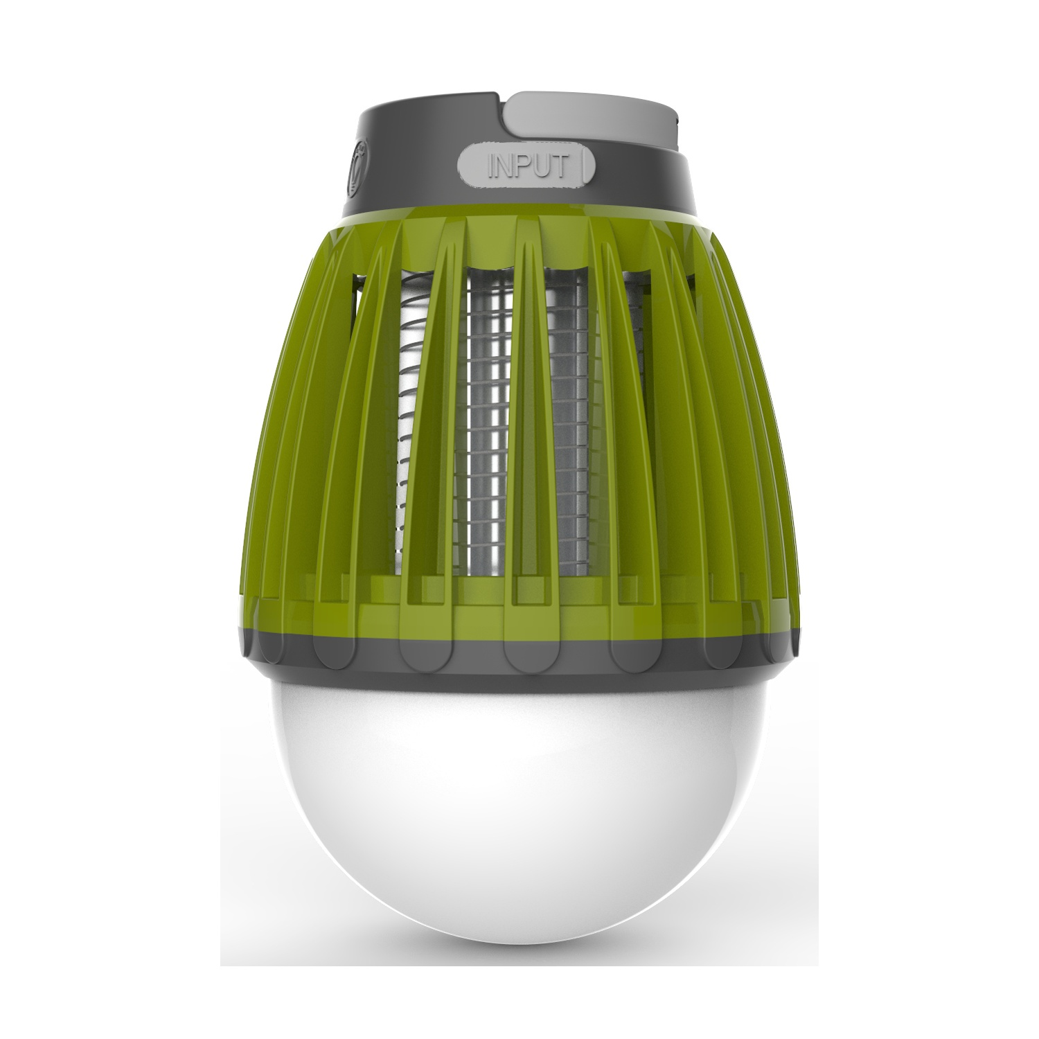 Oggetto verde, simile a una lampada, con doghe argentate e base bianca.