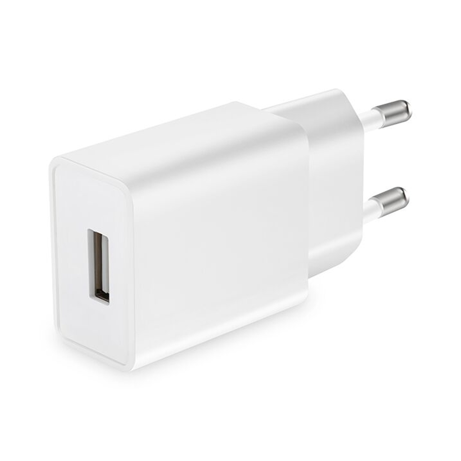 Un adattatore USB bianco con due pin metallici e una porta USB.