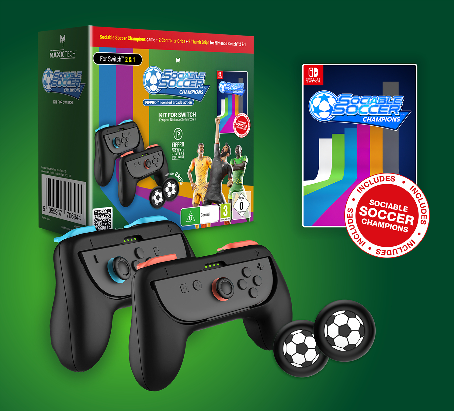 Nintendo Switch Hülle mit zwei Controllern, zwei Griffen und zwei Daumenkappen.