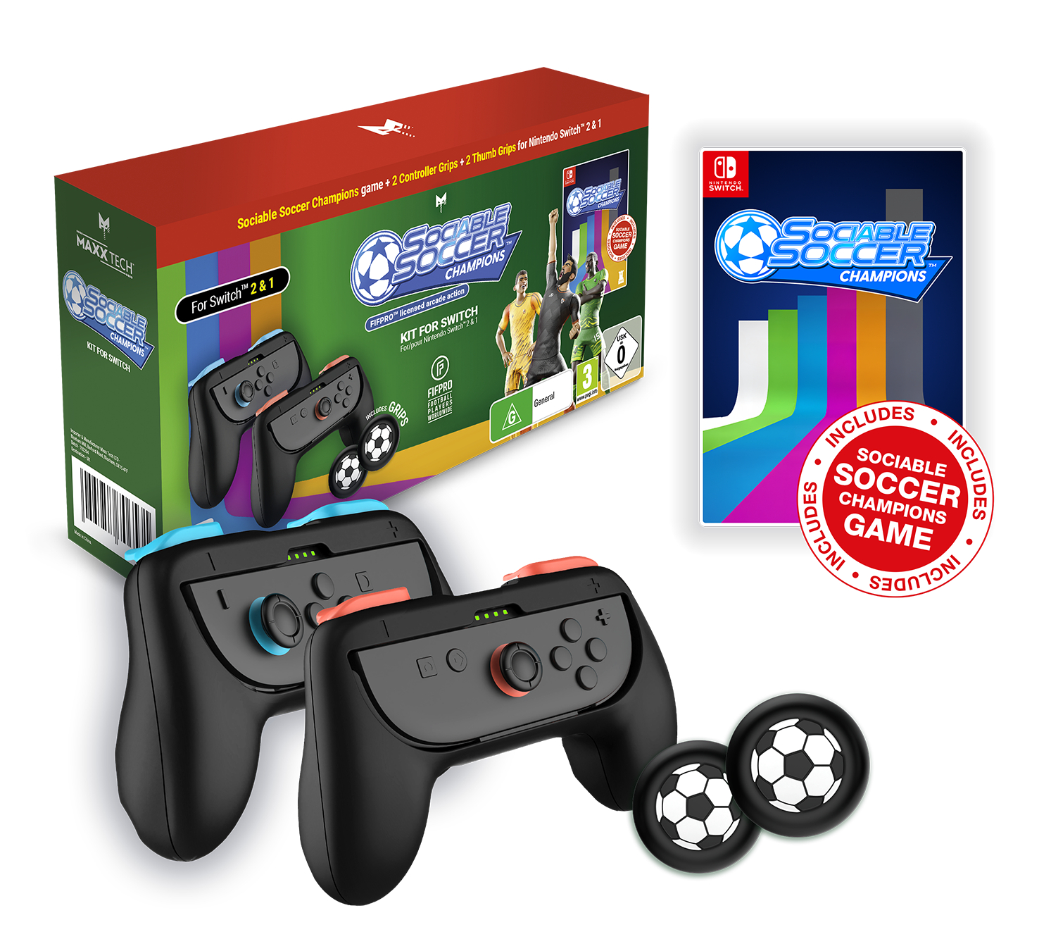Nintendo Switch Controller-Griffe und Daumengriffe mit Fußball-Design.