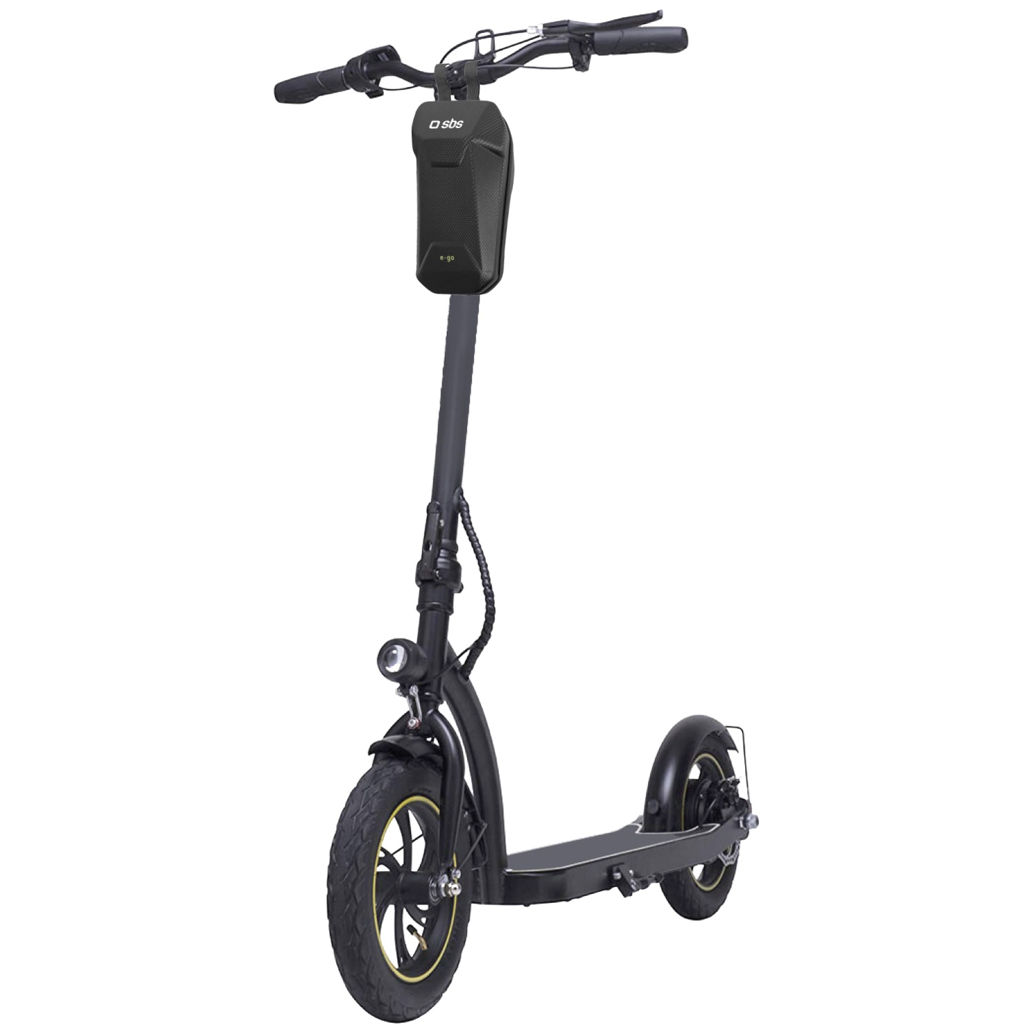 Black electric scooter with handlebar bag and headlight.