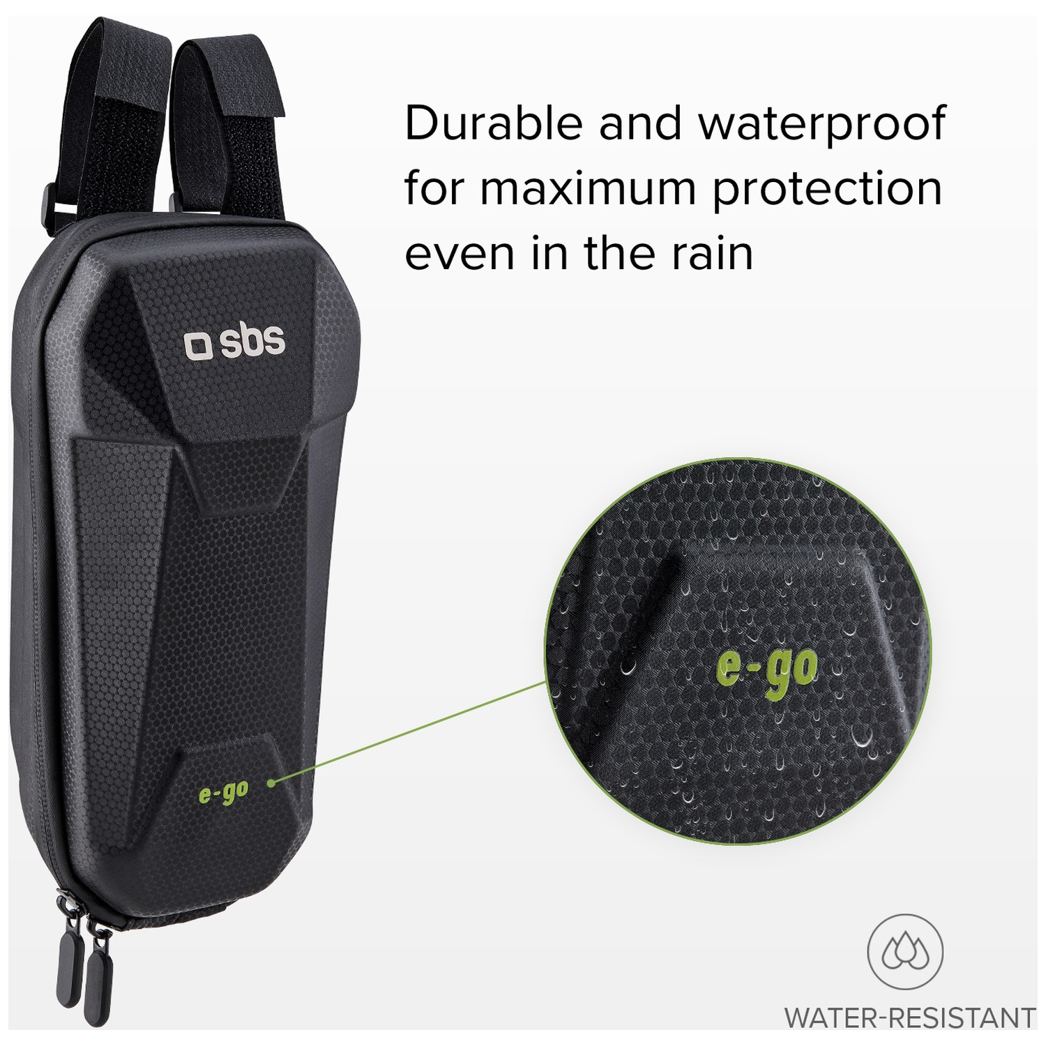 Black waterproof bag with SBS logo and E-Go print. Close-up shows raindrops.