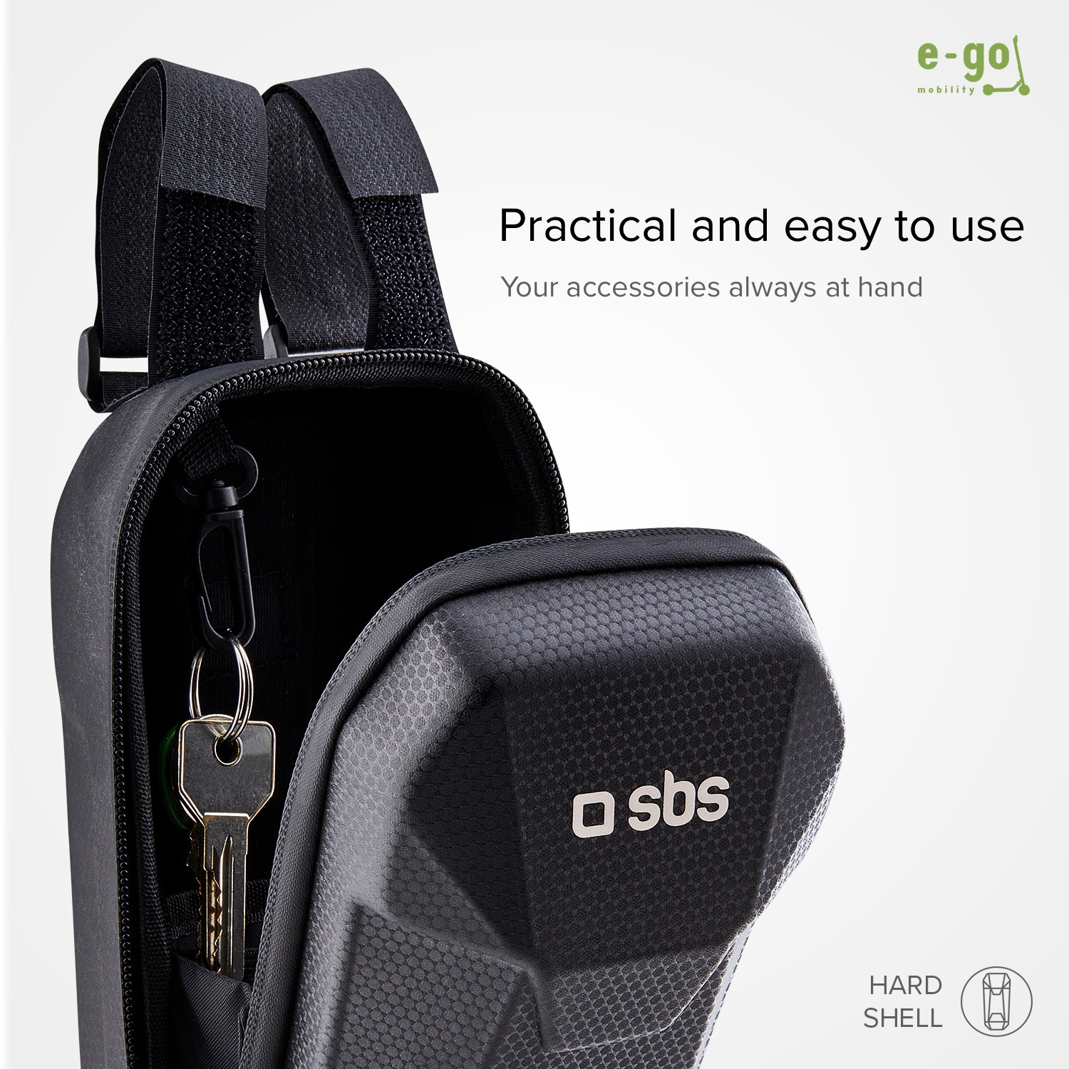 Black bike bag with keys, SBS logo, and 'Hard Shell' text.