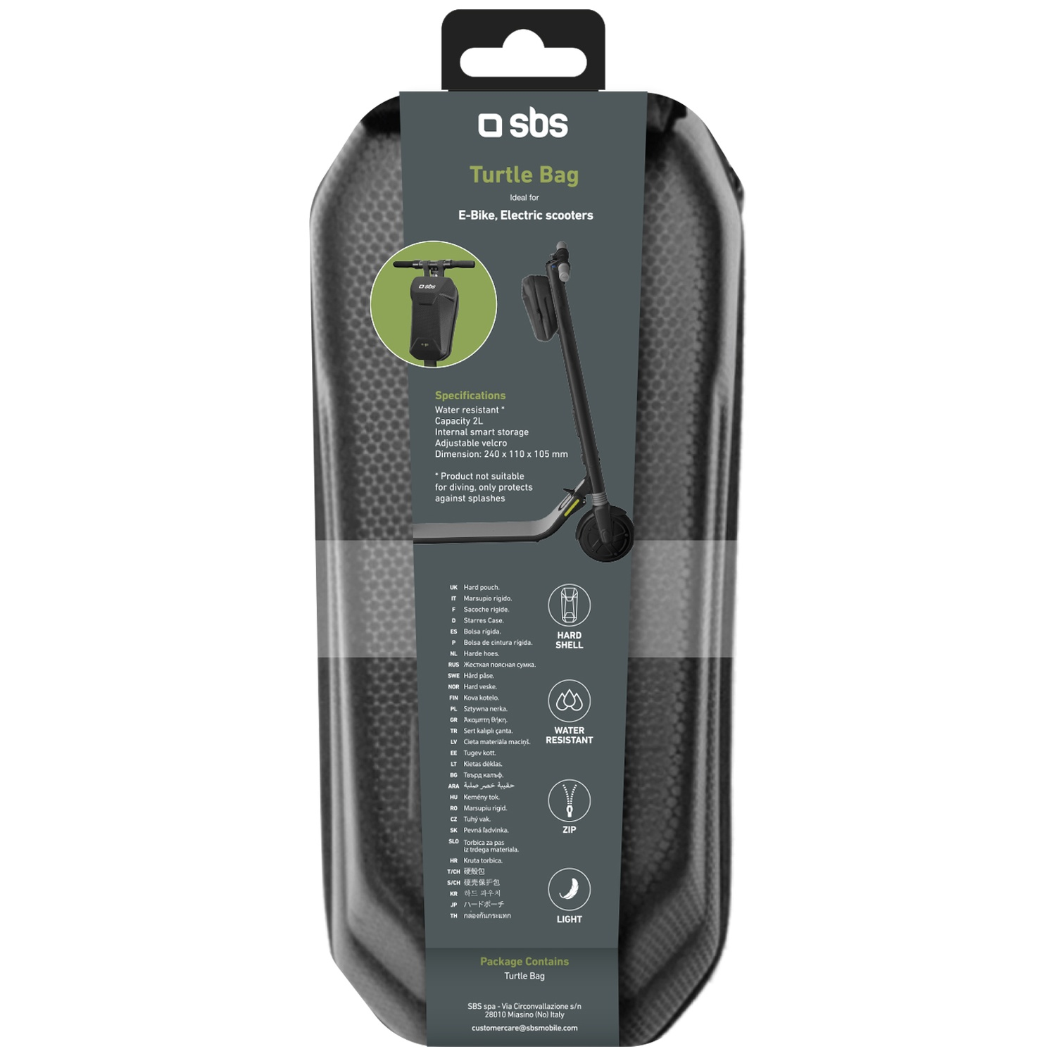 Black hard case for E-bikes/scooters with specifications.