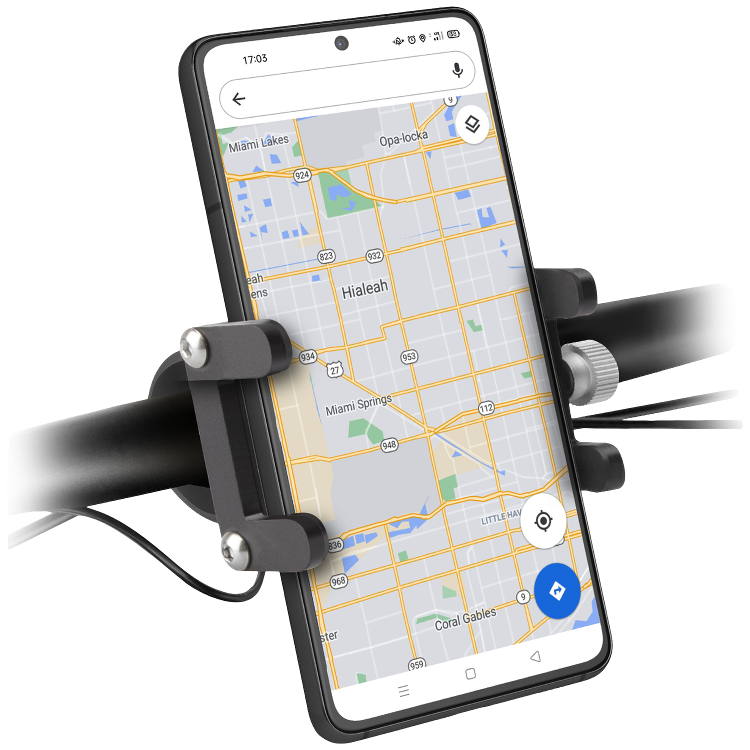 Een smartphone in een houder toont een navigatiekaart met Miami Lakes en Hialeah.